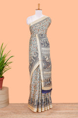 Sandal floral madhupani print south cotton saree with self border and contrast blouse
