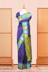 Navy Blue Semi Art Silk Saree Detailing Zari Butta And Border Are Highlight Contrast Color With IntricateZari Woven Elephant, Peacock Motifs With Golden Zari Weaving Pallu