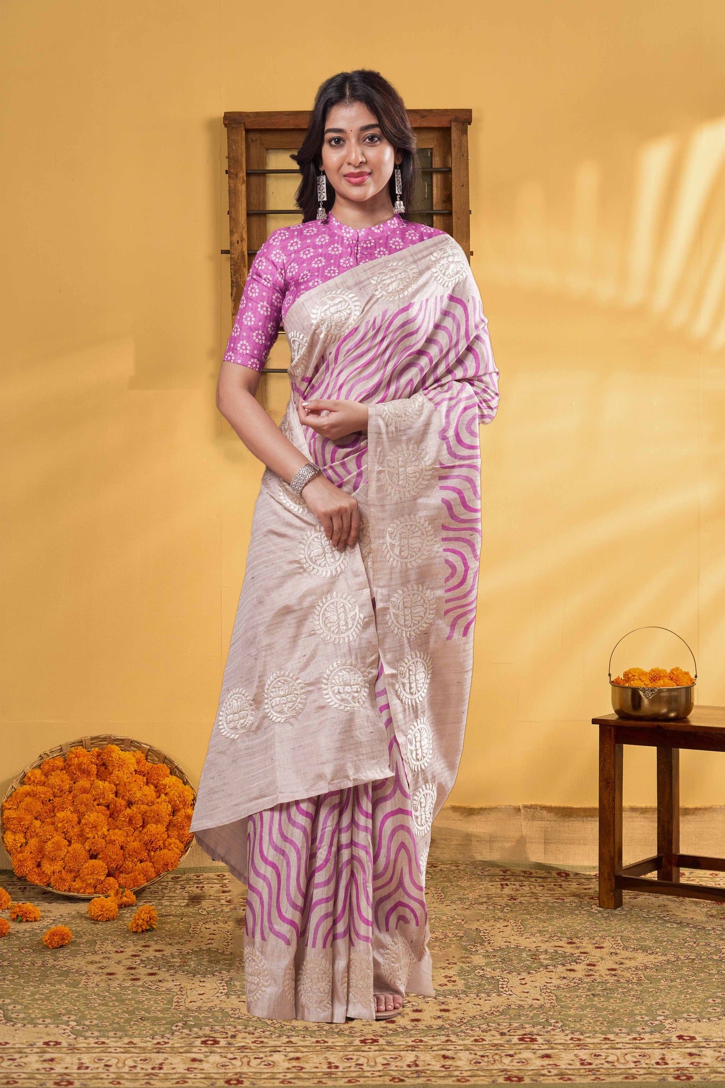 Sandal Art Tussar Saree Pink Abstract Design Across The Body With Lotus Embroidery Border Bandhani Print Pallu