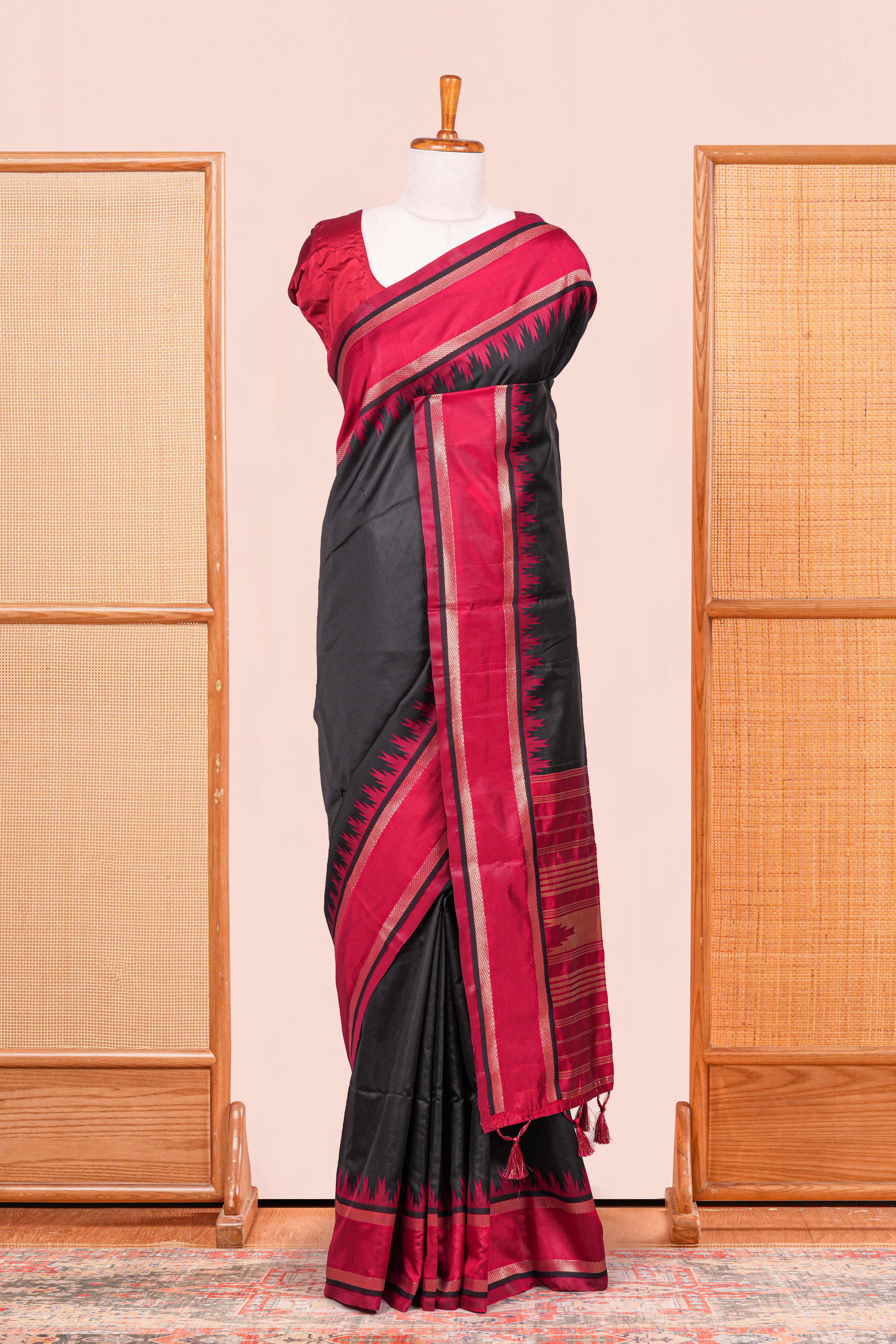 Black Art Silk Saree With Plain Body Contrast Gold Zari Stripes Pallu