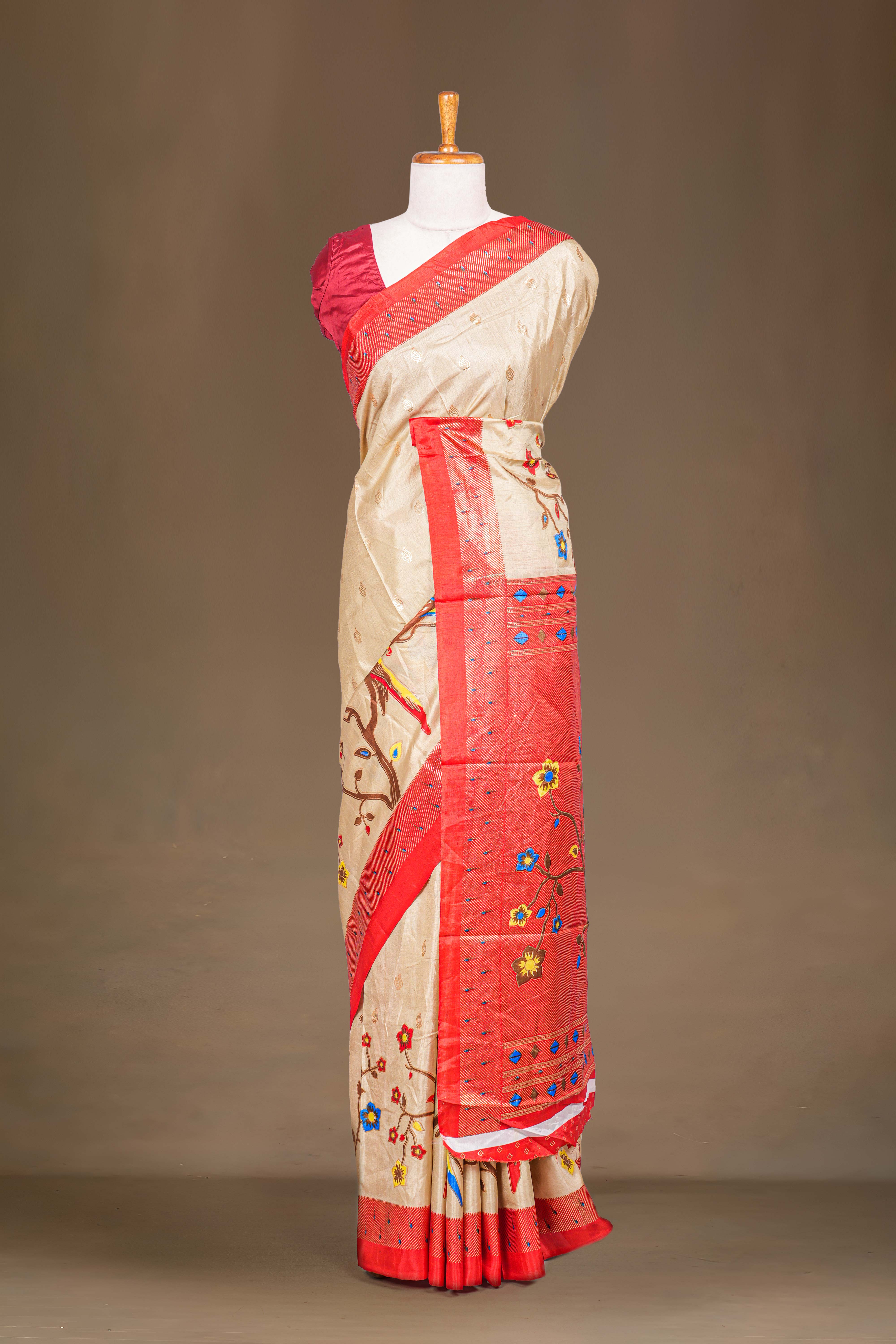 Semi Banaras Paithani Saree Foil Print Across The Body With Contrast Pallu
