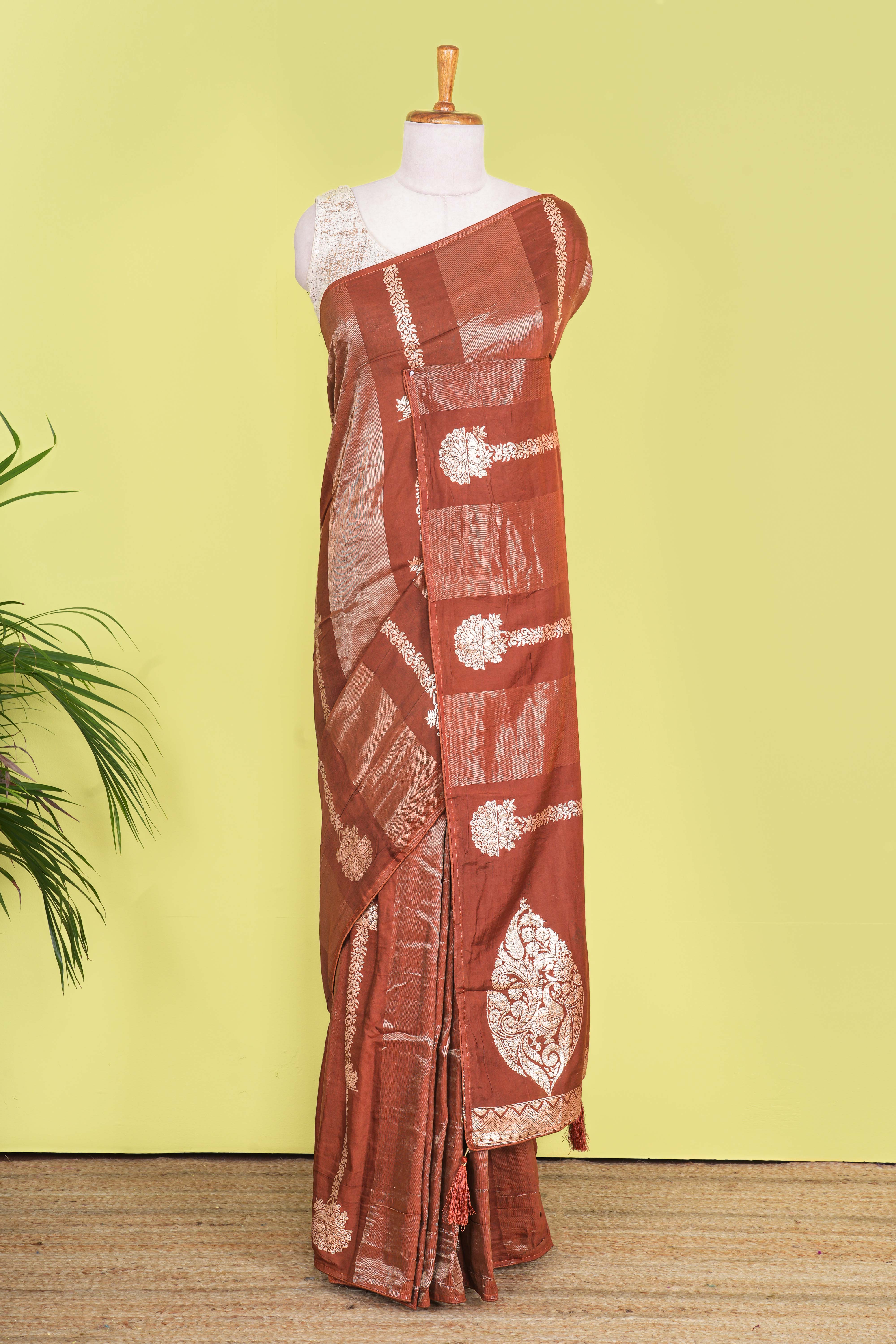 Copper Brown Viscose Georgette Saree Zari Woven Stripes, Floral Design Across The Body With Paisley Motifs Pallu