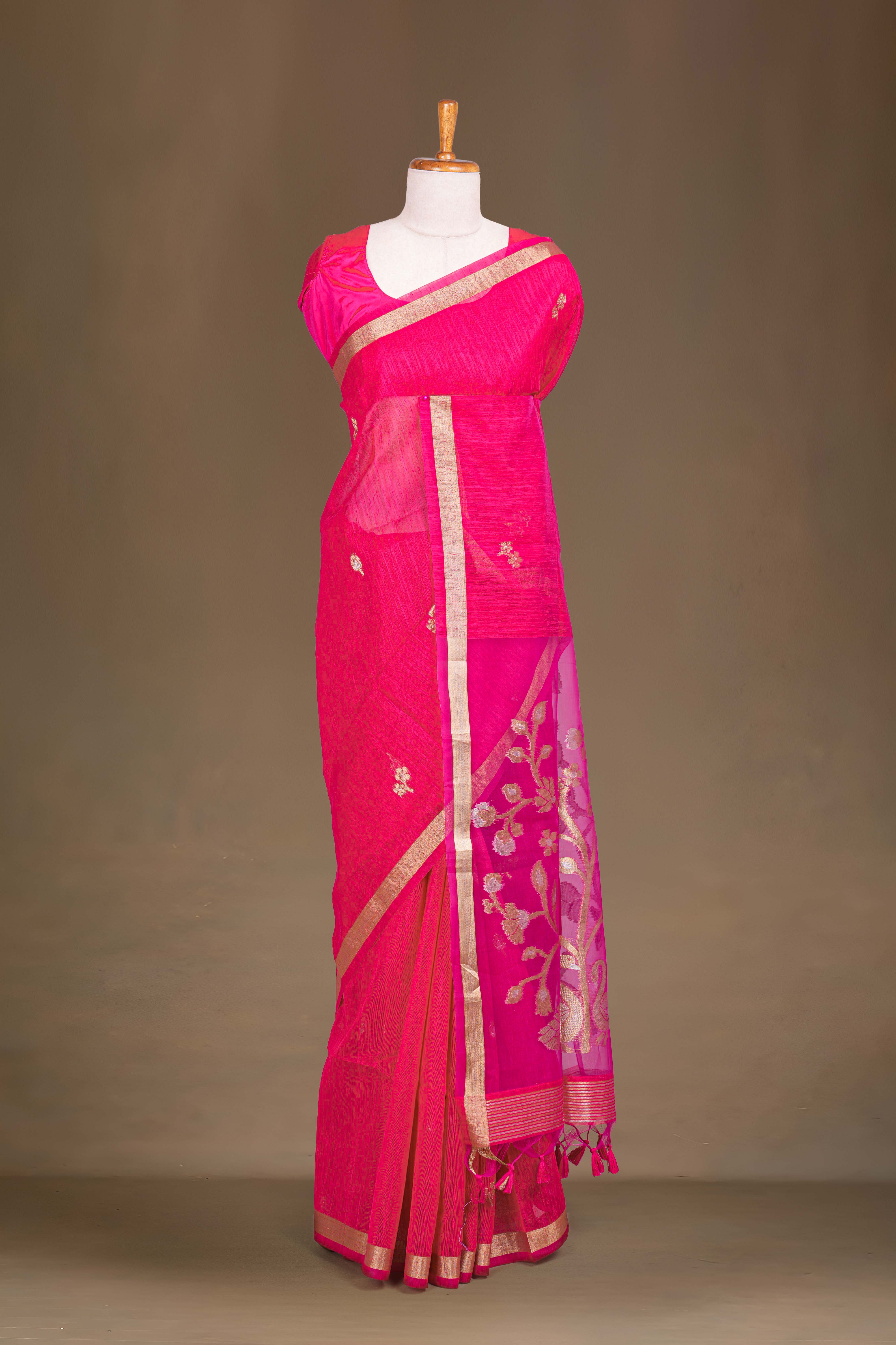 Pink Munga Cotton Zari Butta With Gold Zari Floral Design Pallu