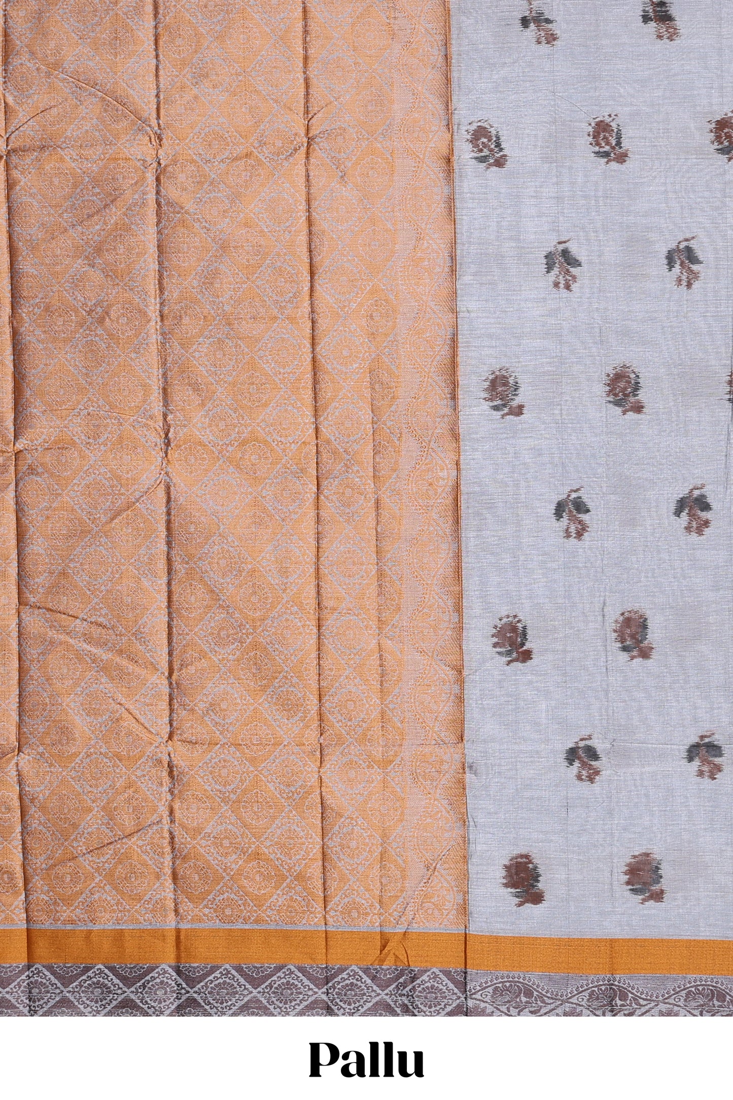 Grey floral butta bengal cotton saree with contrast border and pallu