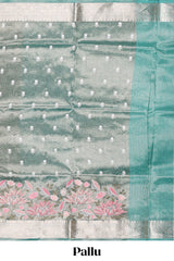 Green floral motifs design art tissue saree with self zari border and matching blouse