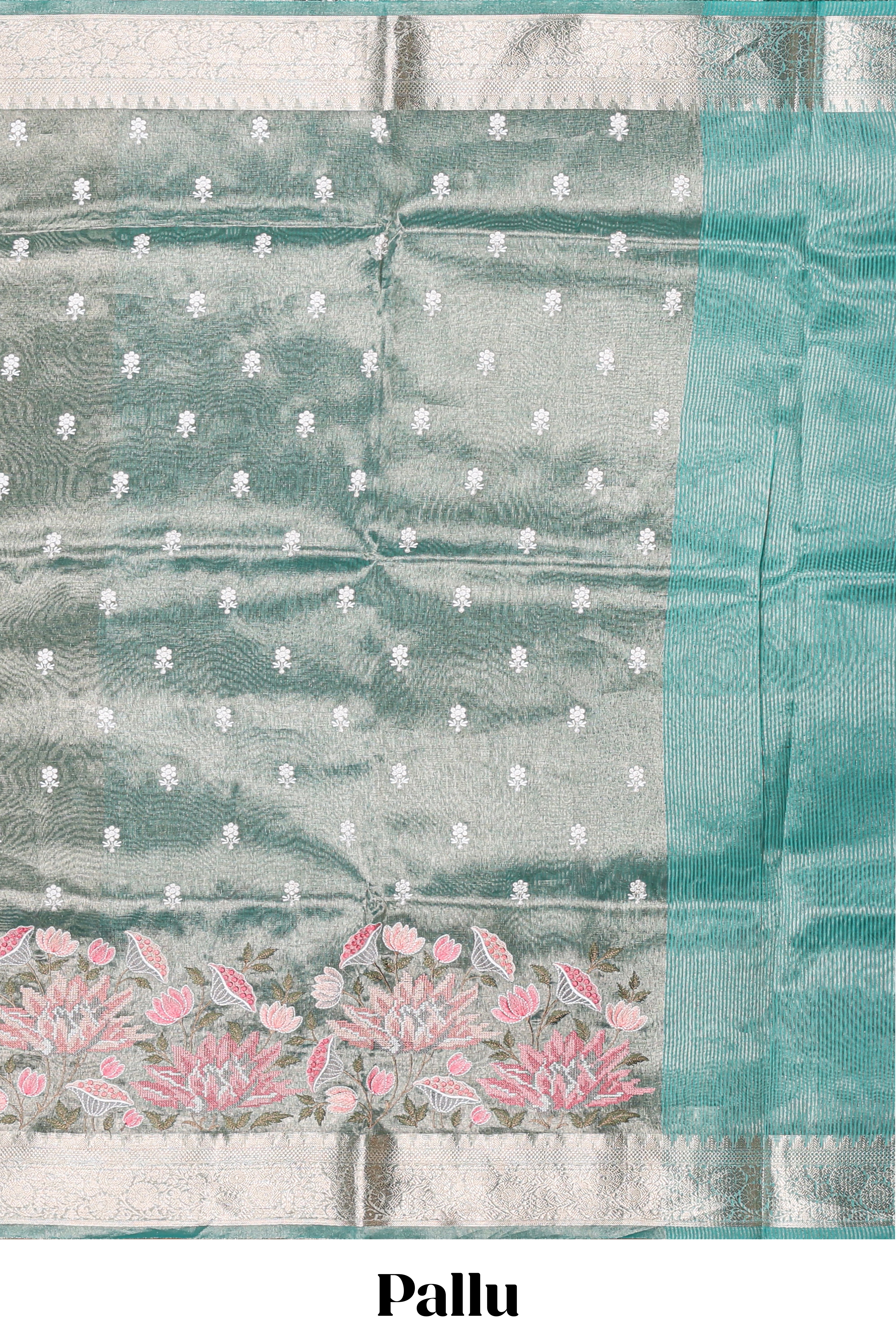 Green floral motifs design art tissue saree with self zari border and matching blouse