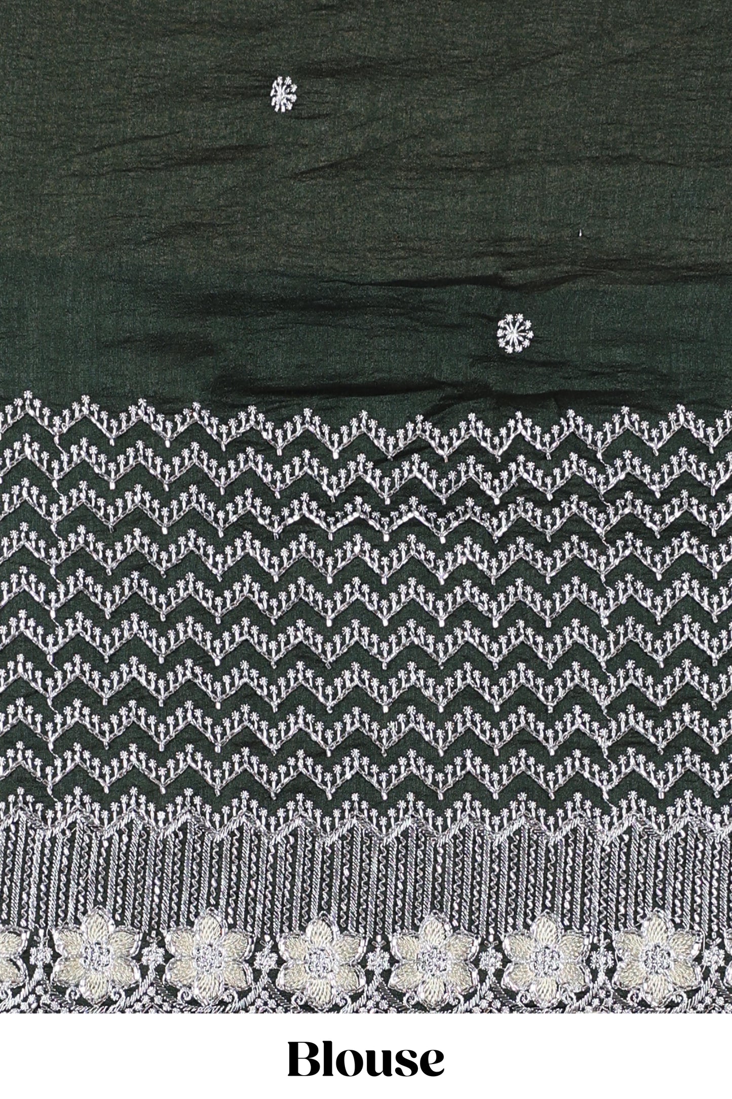 Green designer georgette space silk saree with heavy stone & beads work, short pallu and contrast sequin embroidered blouse