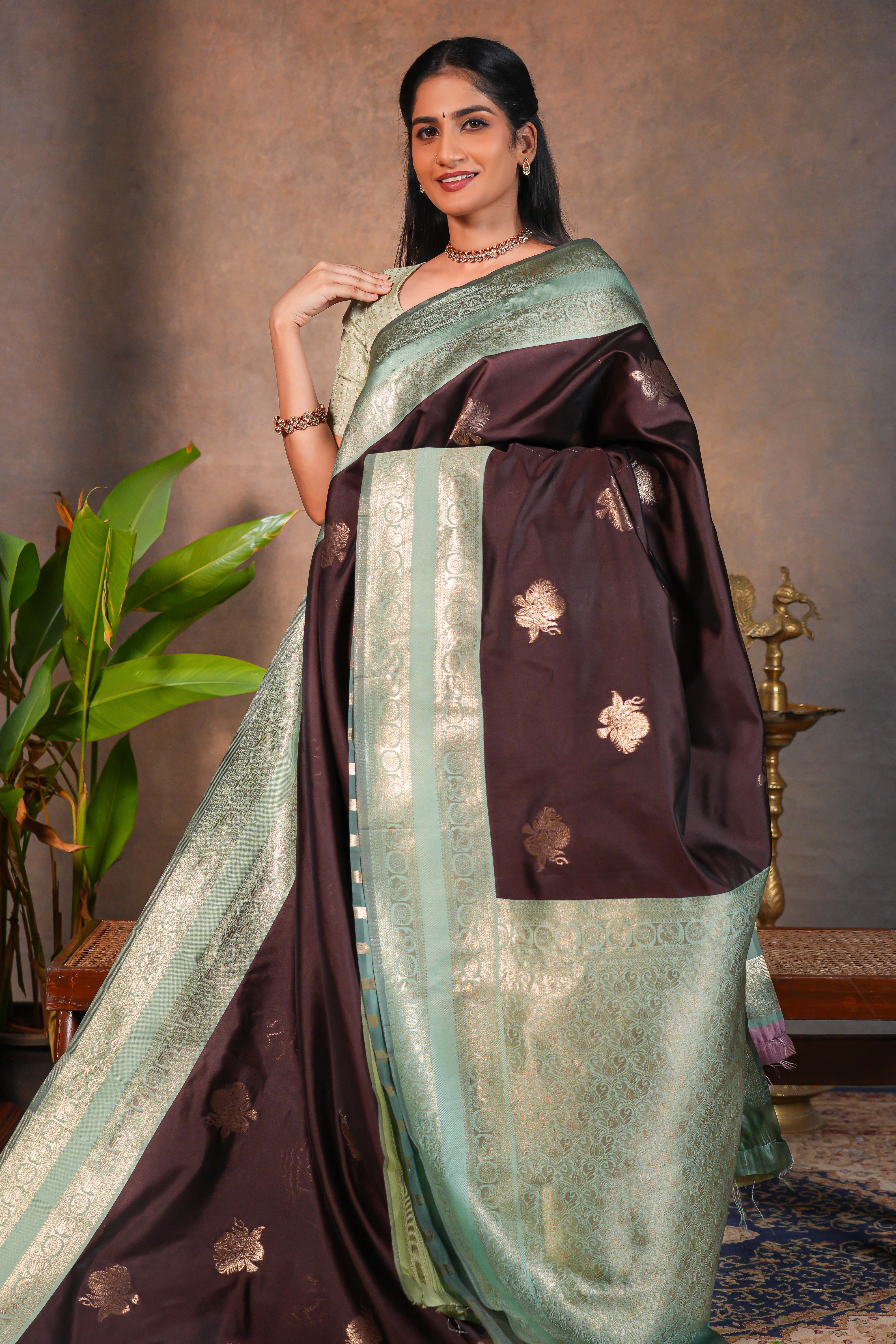 Dark brown zari butta design semi soft silk saree with contrast border and blouse