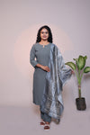 Grey plain 3/4 slevee salwar suit with matching pant and floral printed dupatta