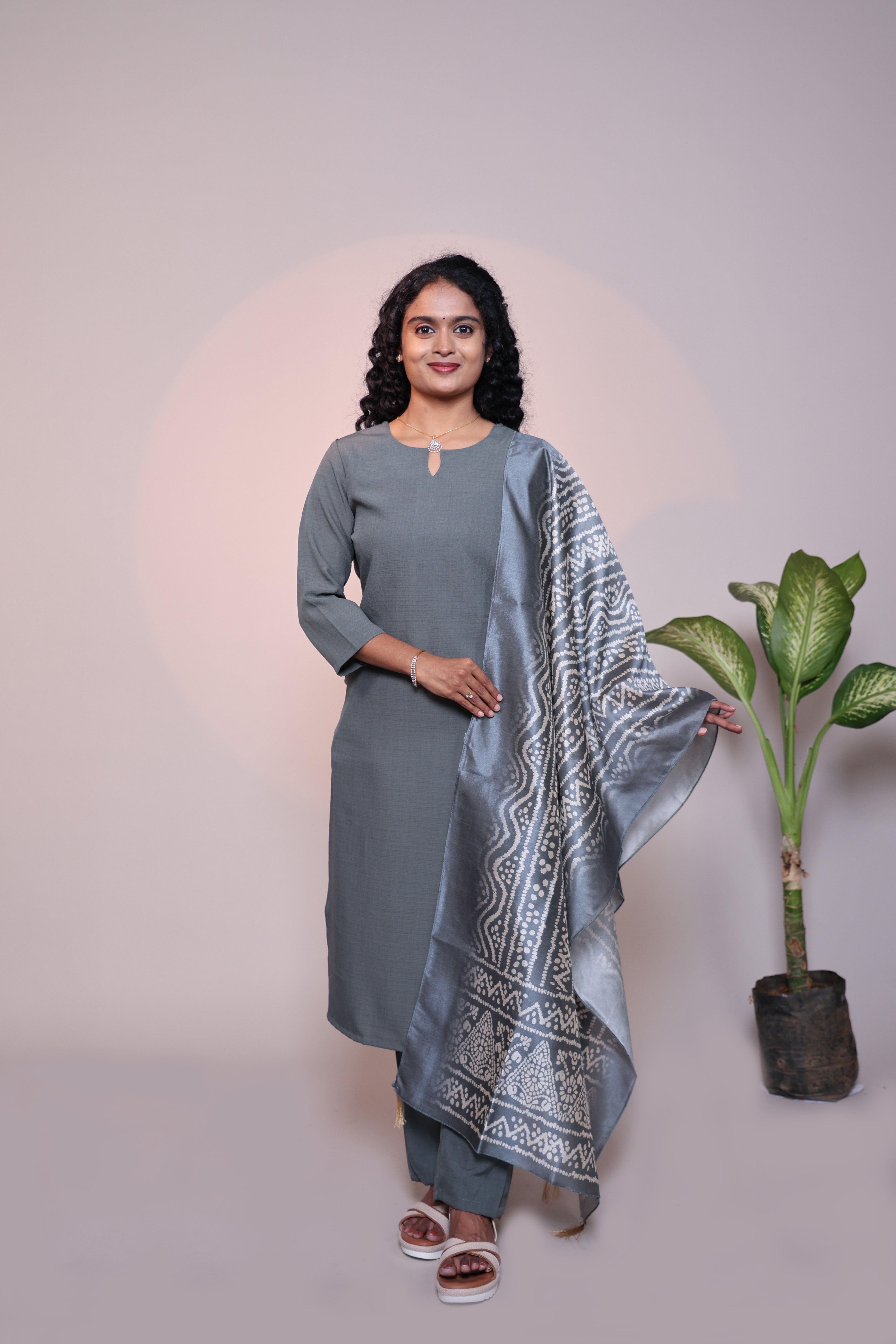 Grey plain 3/4 slevee salwar suit with matching pant and floral printed dupatta