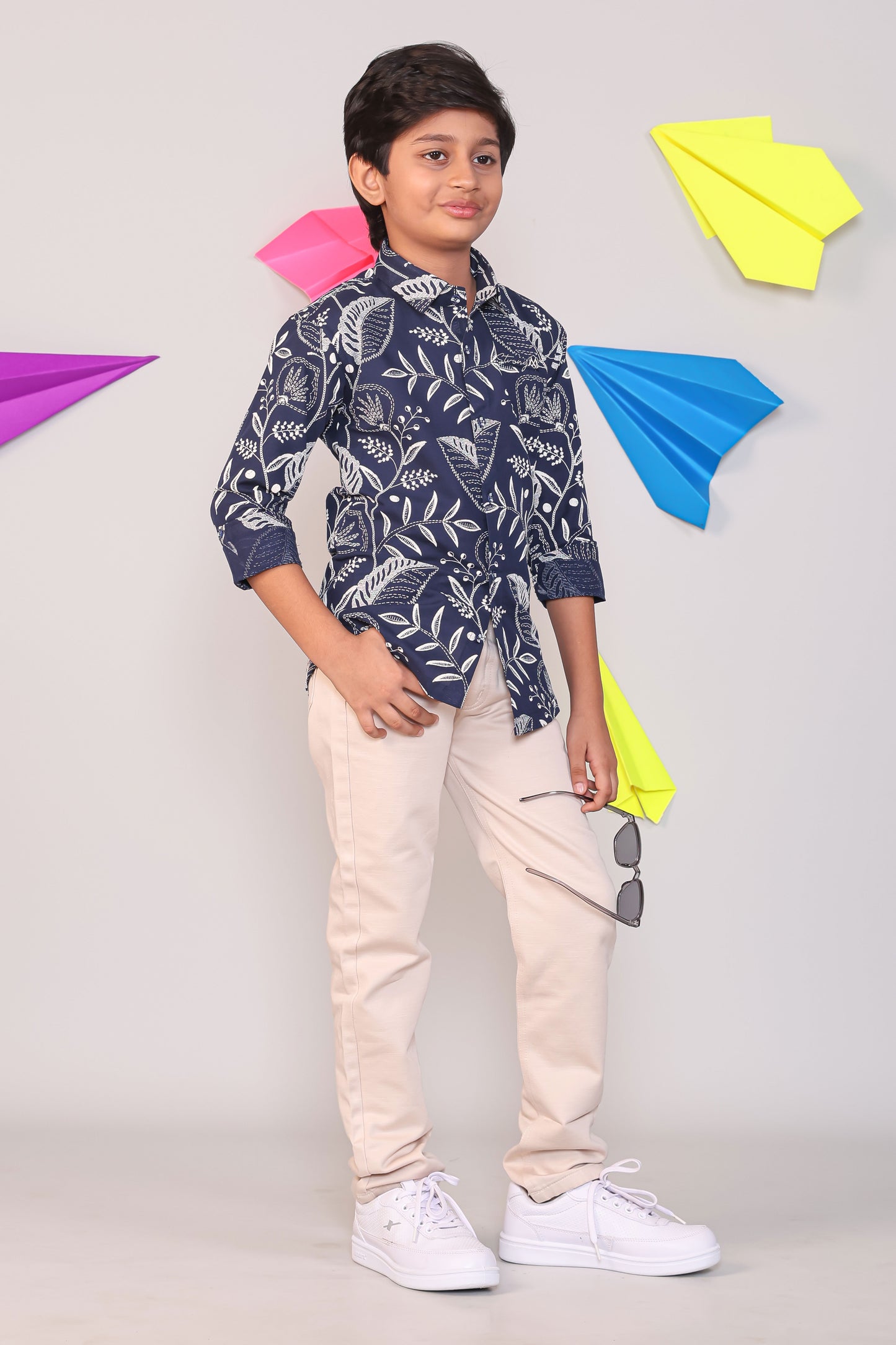 Boys Navy Blue Floral Print Cotton Full Hand Shirt with Beige Trousers Set