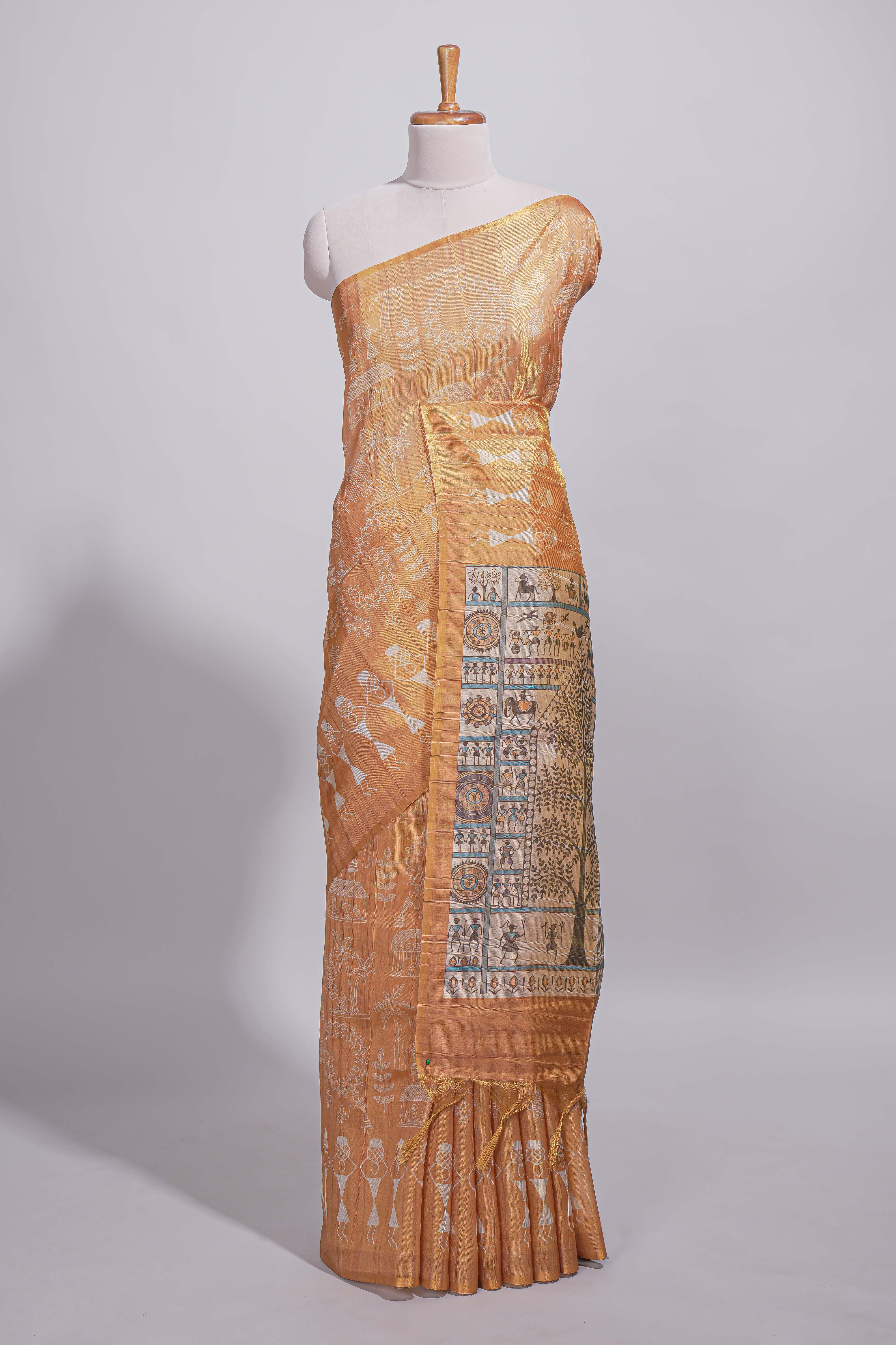 Mustard yellow warli printed semi tussar sareewith contrast warli printed pallu and matching blouse