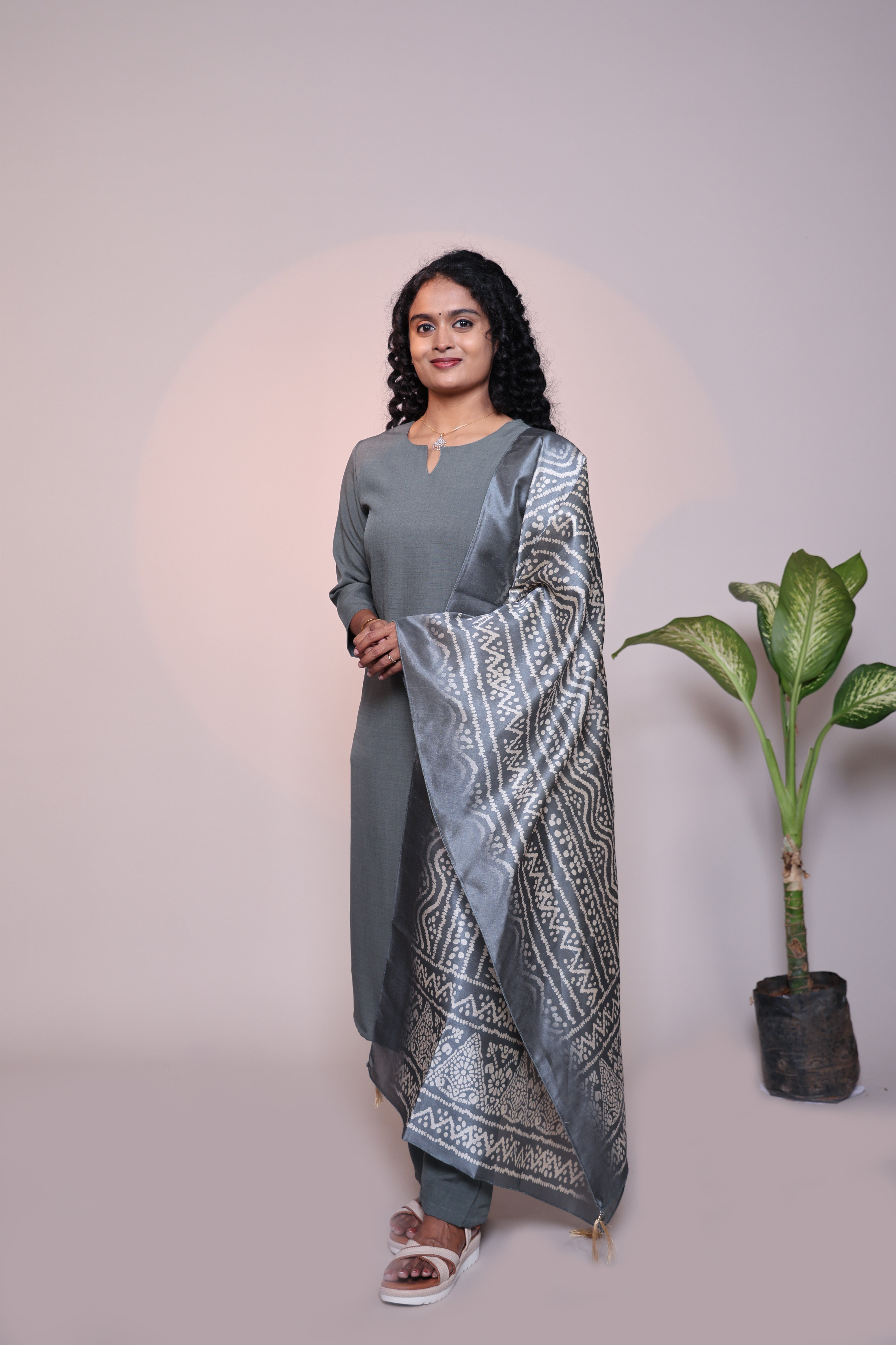 Grey plain 3/4 slevee salwar suit with matching pant and floral printed dupatta