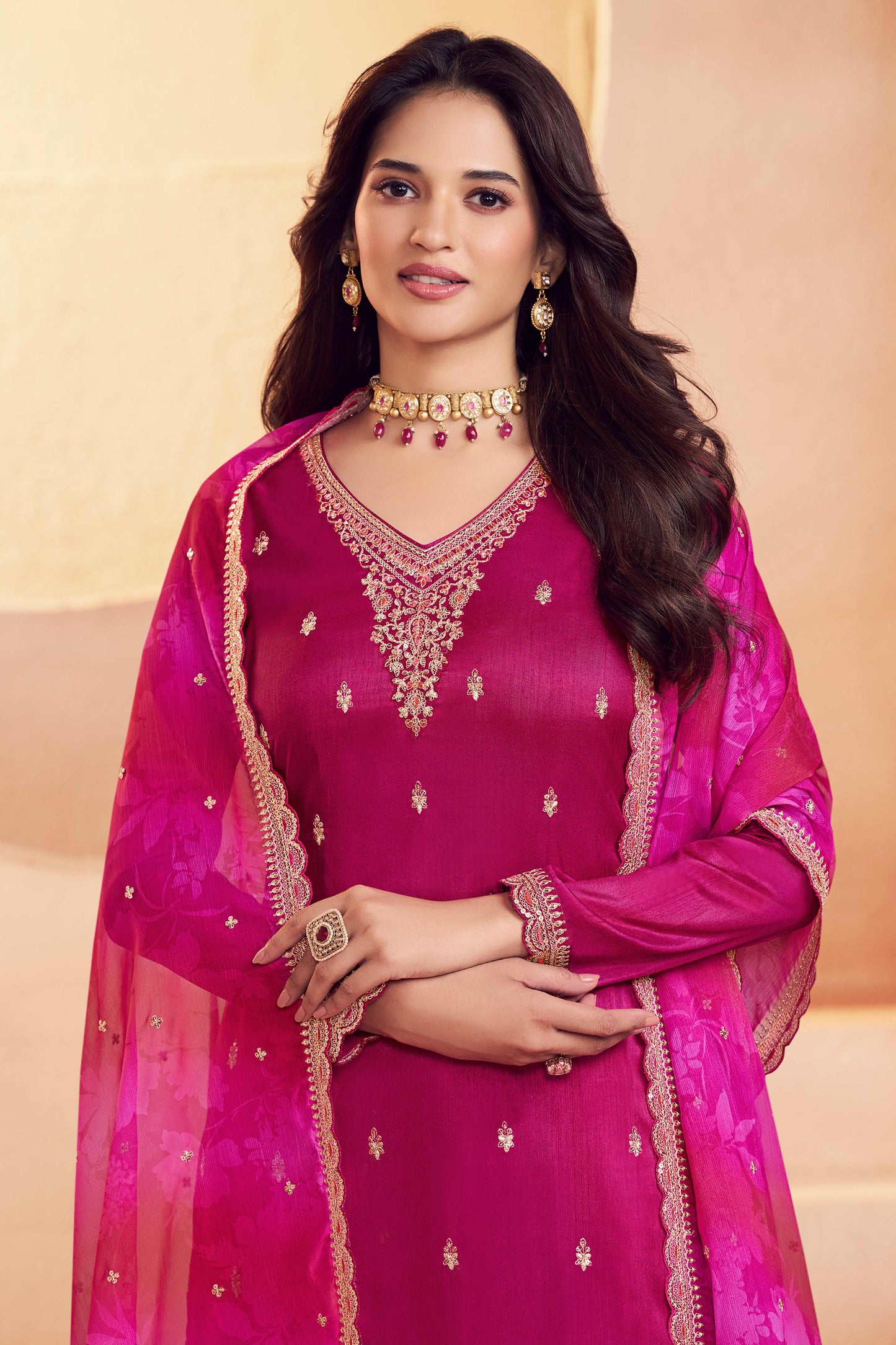 Pink moga silk embroidery chudidhar material with chiffon dupatta