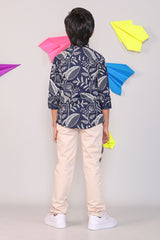Boys Navy Blue Floral Print Cotton Full Hand Shirt with Beige Trousers Set