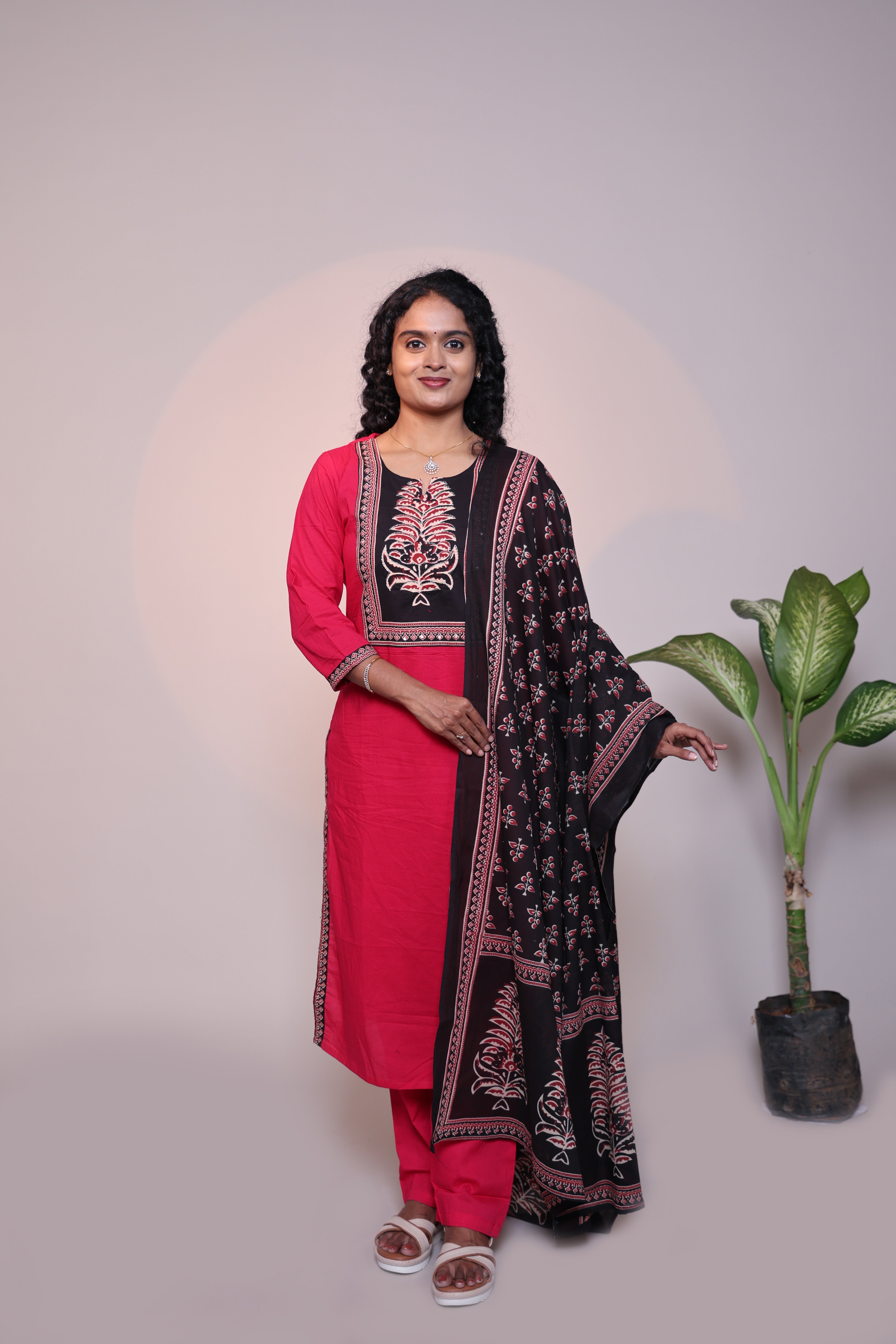 Red floral design 3/4 slevee salwar suit with matching pant and contrast printed dupatta