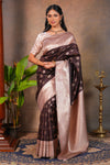 Dark brown zari butta design semi soft silk saree with contrast border and blouse