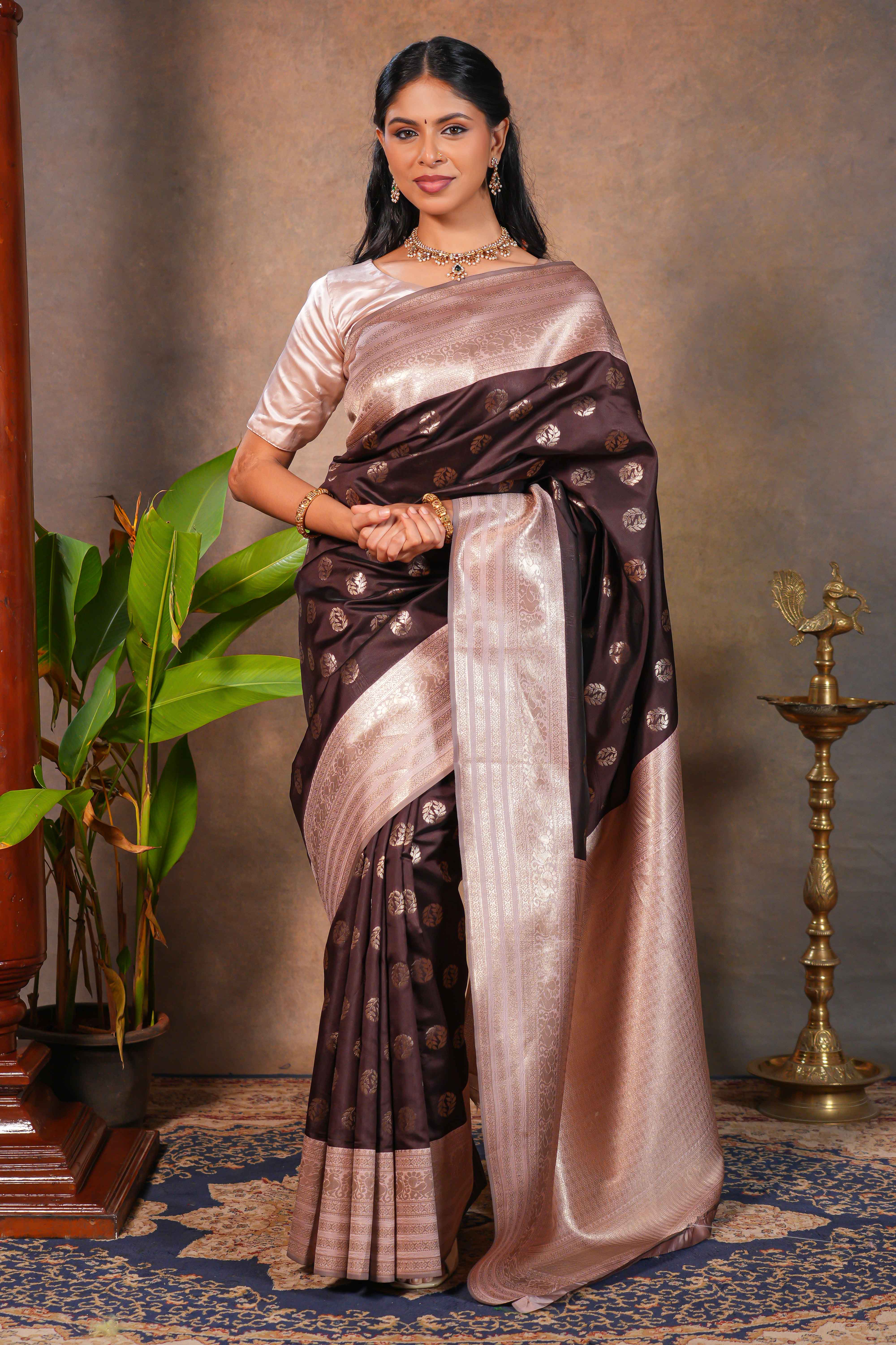 Dark brown zari butta design semi soft silk saree with contrast border and blouse