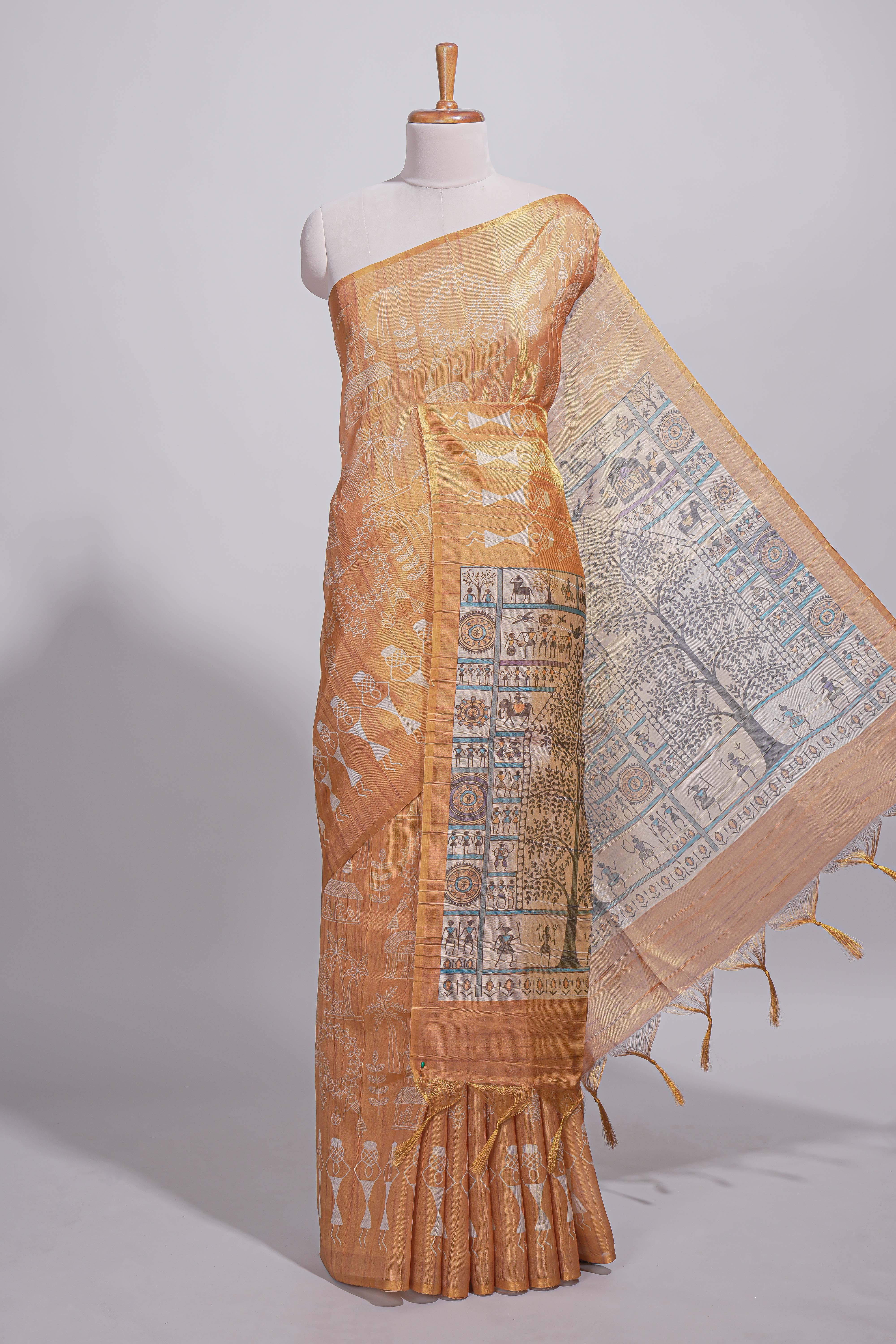 Mustard yellow warli printed semi tussar sareewith contrast warli printed pallu and matching blouse