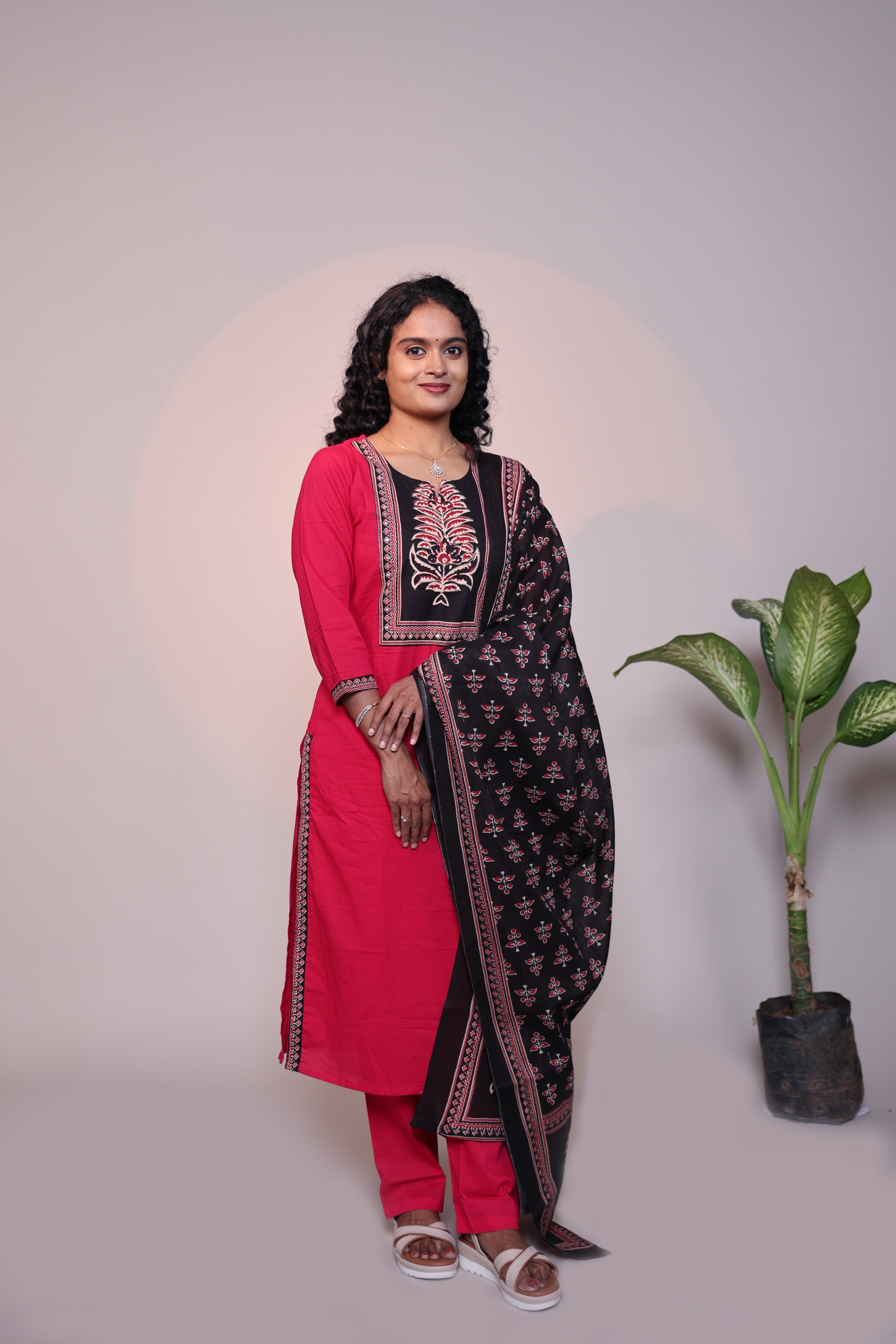 Red floral design 3/4 slevee salwar suit with matching pant and contrast printed dupatta