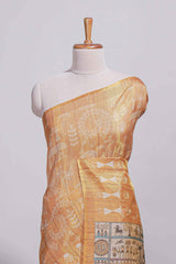 Mustard yellow warli printed semi tussar sareewith contrast warli printed pallu and matching blouse