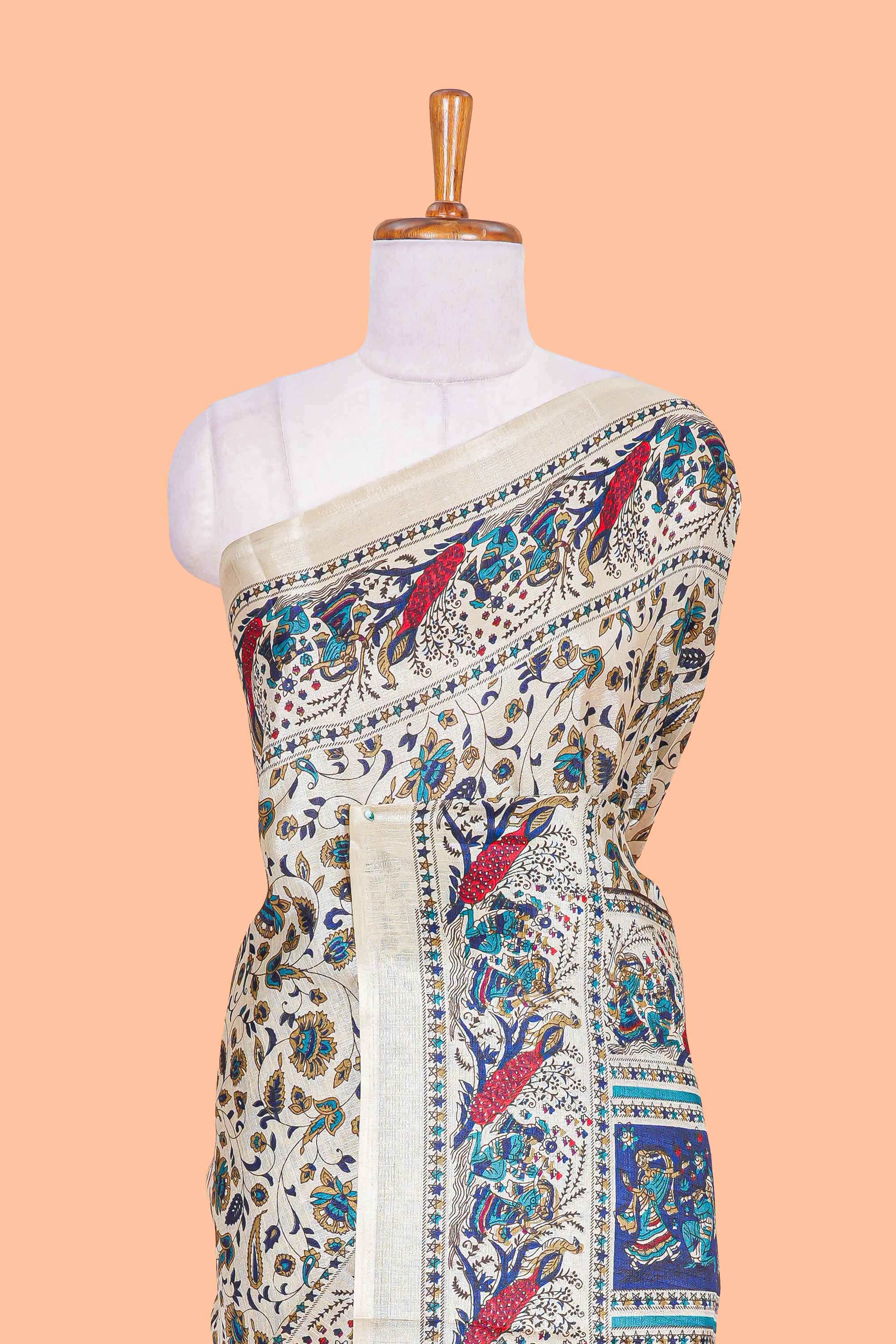 Cream south cotton saree with green kalamkari print on body, pallu contrast blue blouse
