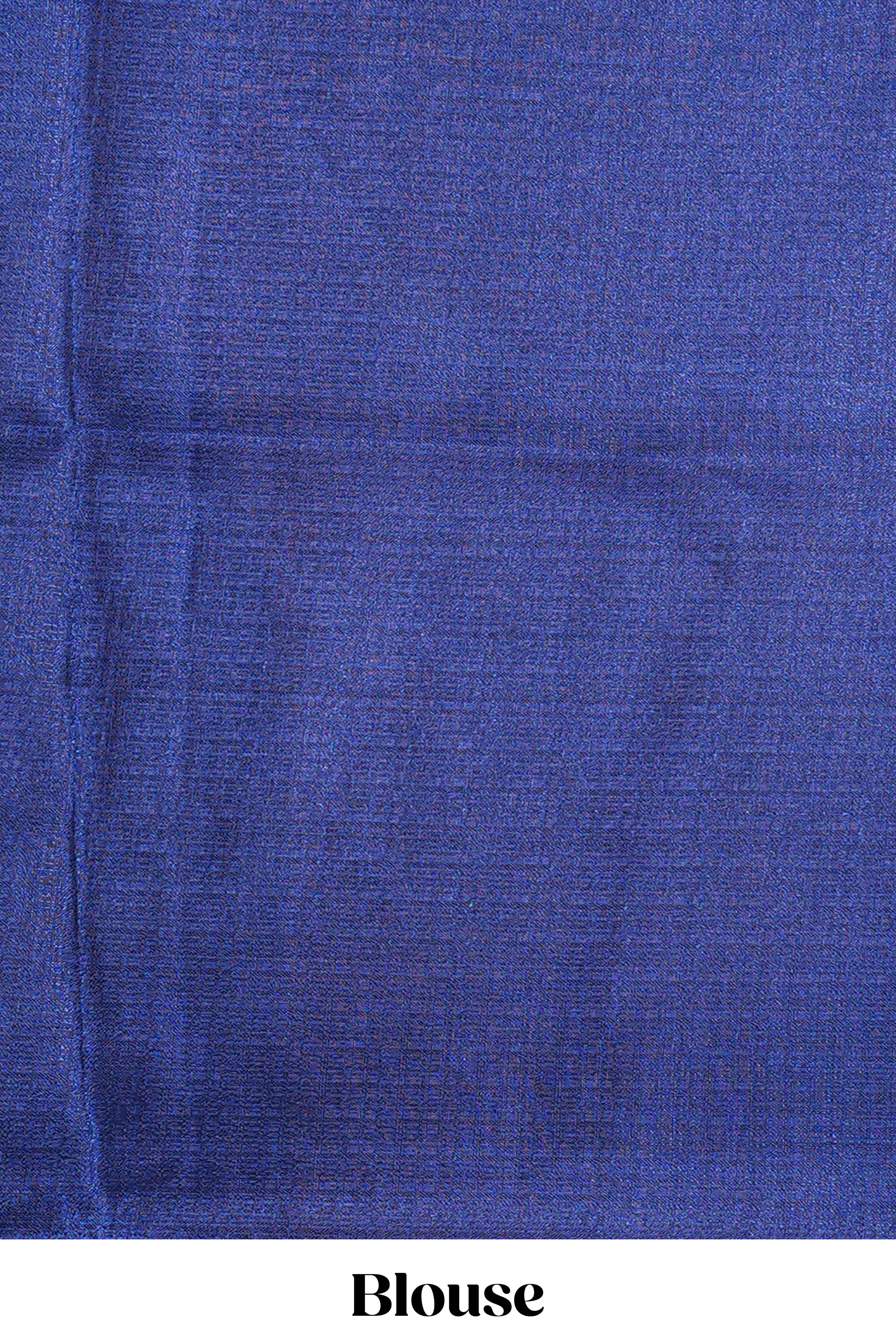 Cream south cotton saree with green kalamkari print on body, pallu contrast blue blouse