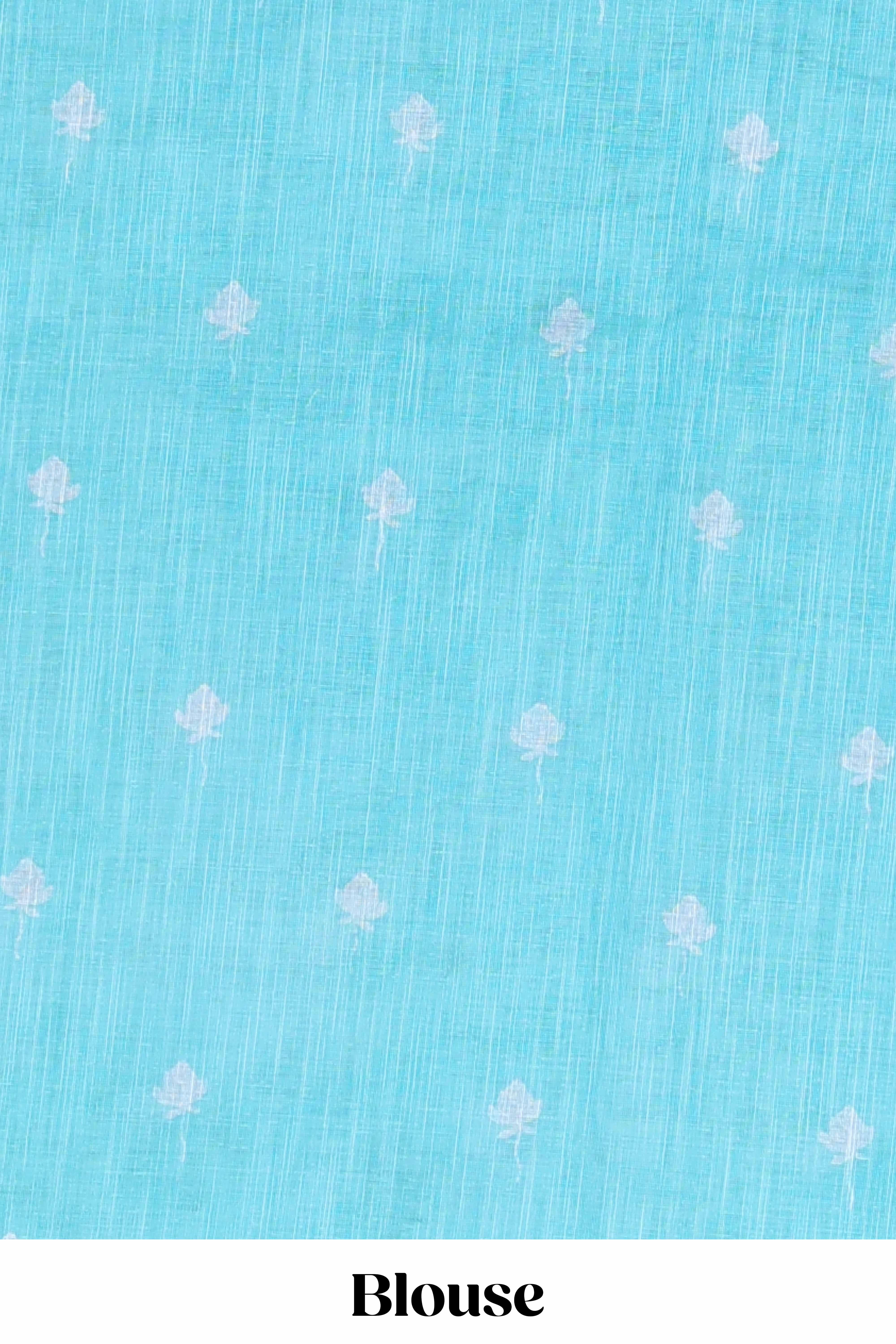 Turquoise green linen cotton floral and crane birds print saree with self border and matching printed blouse
