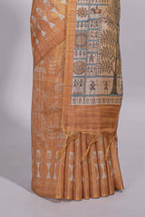 Mustard yellow warli printed semi tussar sareewith contrast warli printed pallu and matching blouse