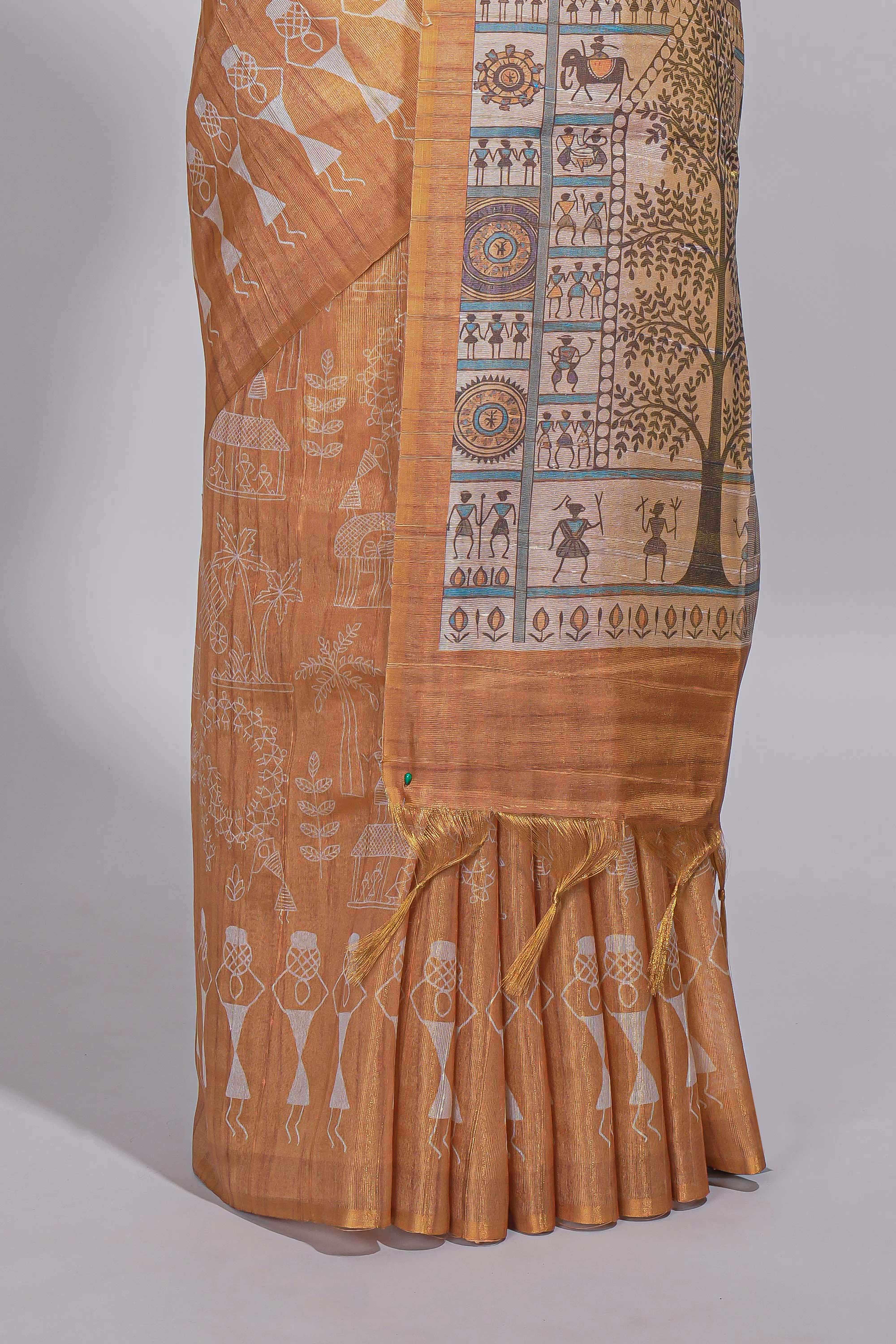 Mustard yellow warli printed semi tussar sareewith contrast warli printed pallu and matching blouse