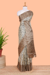 Sandal south cotton saree with warli print, contrast border and print pallu