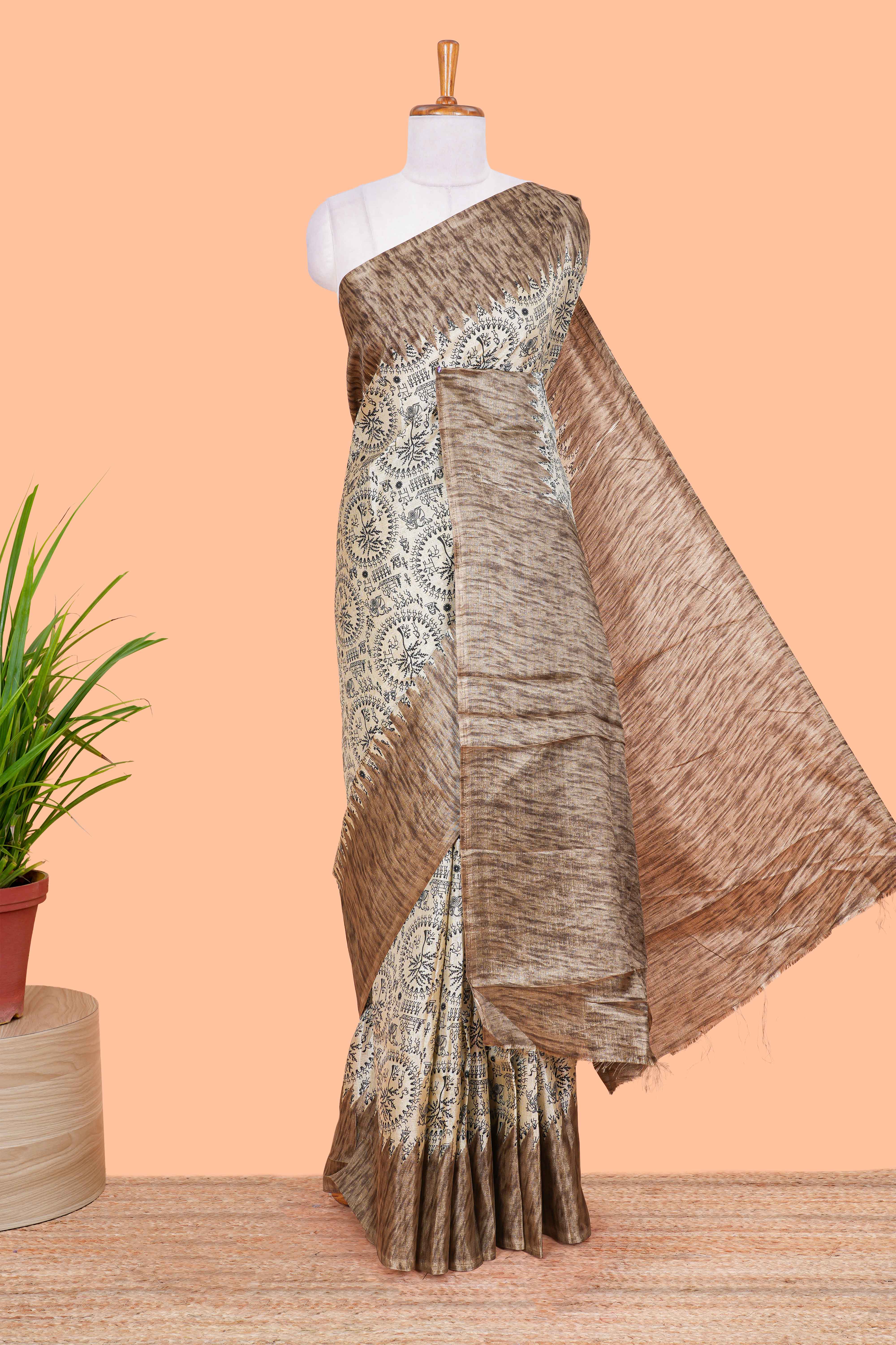 Sandal south cotton saree with warli print, contrast border and print pallu