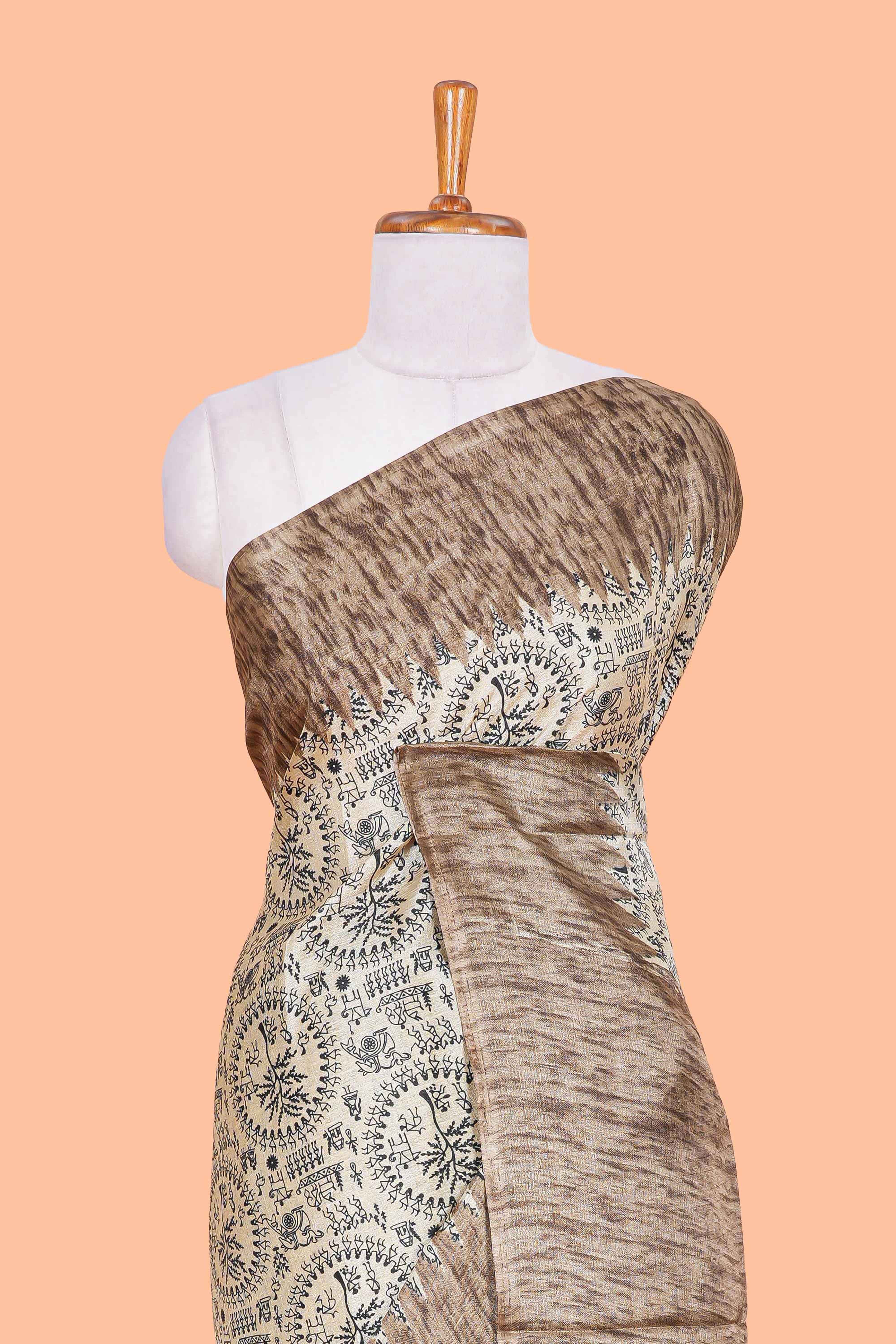 Sandal south cotton saree with warli print, contrast border and print pallu
