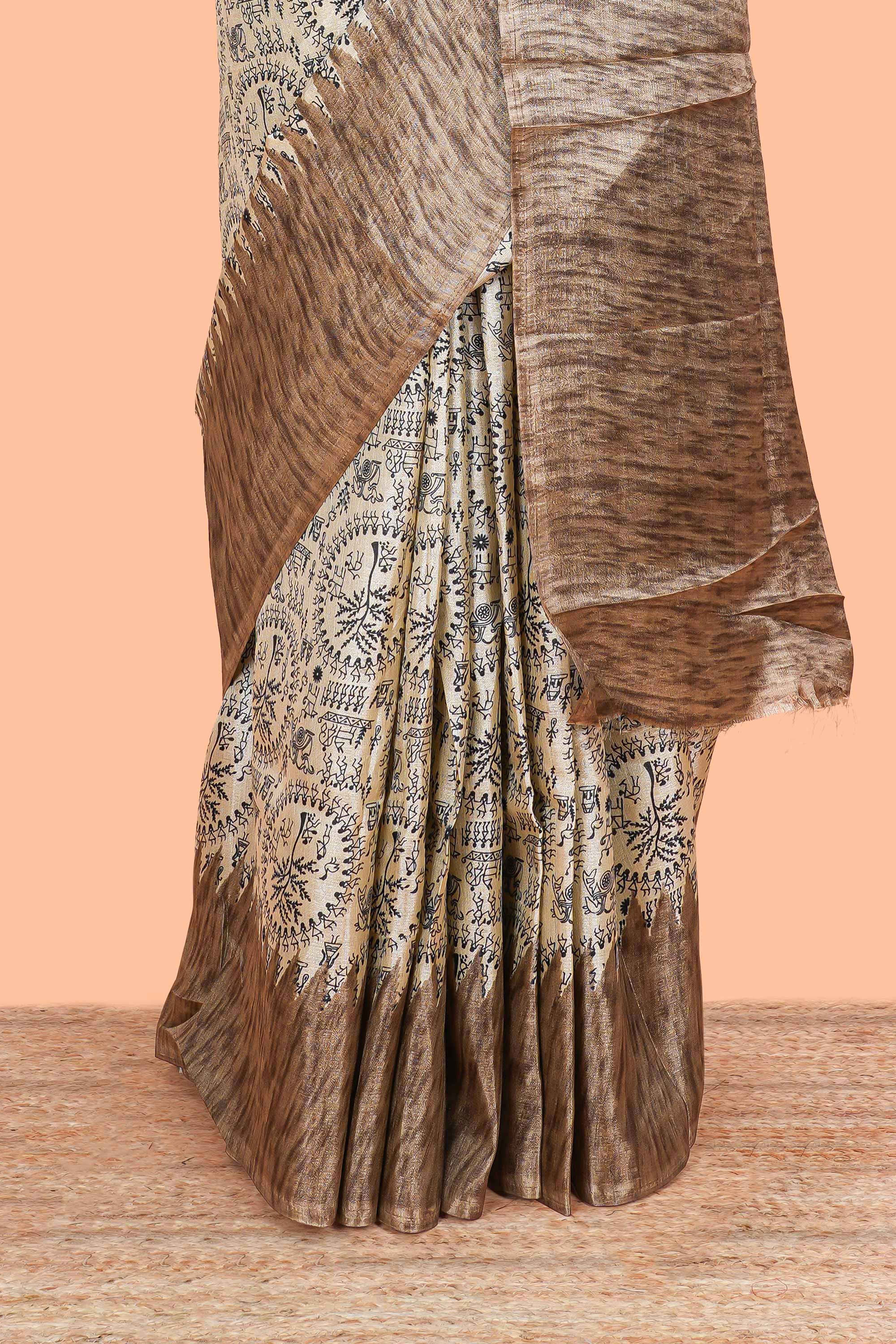 Sandal south cotton saree with warli print, contrast border and print pallu