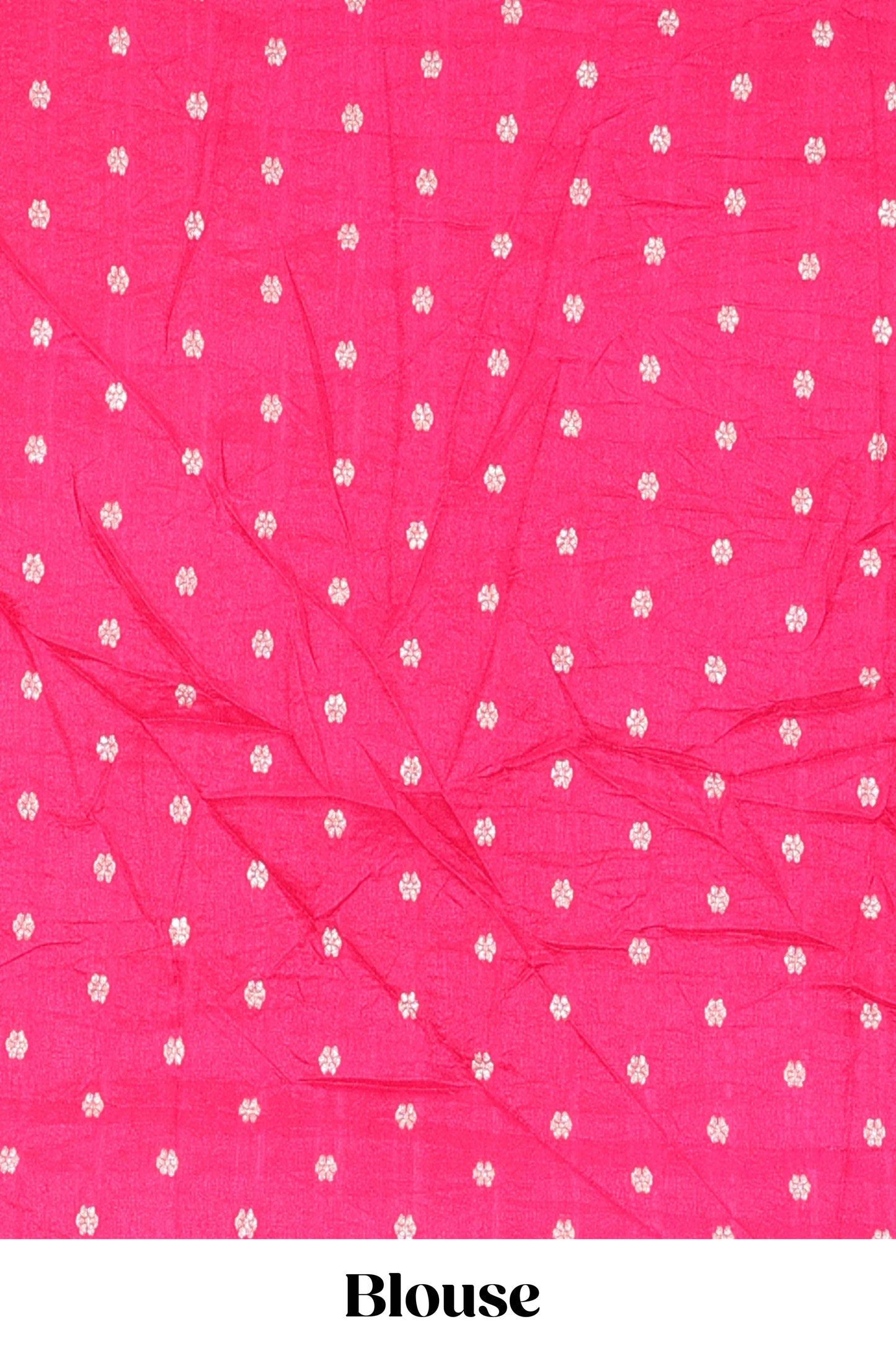 White viscose dola silk saree with all-over zari butta, elephant motif pallu & contrast blouse