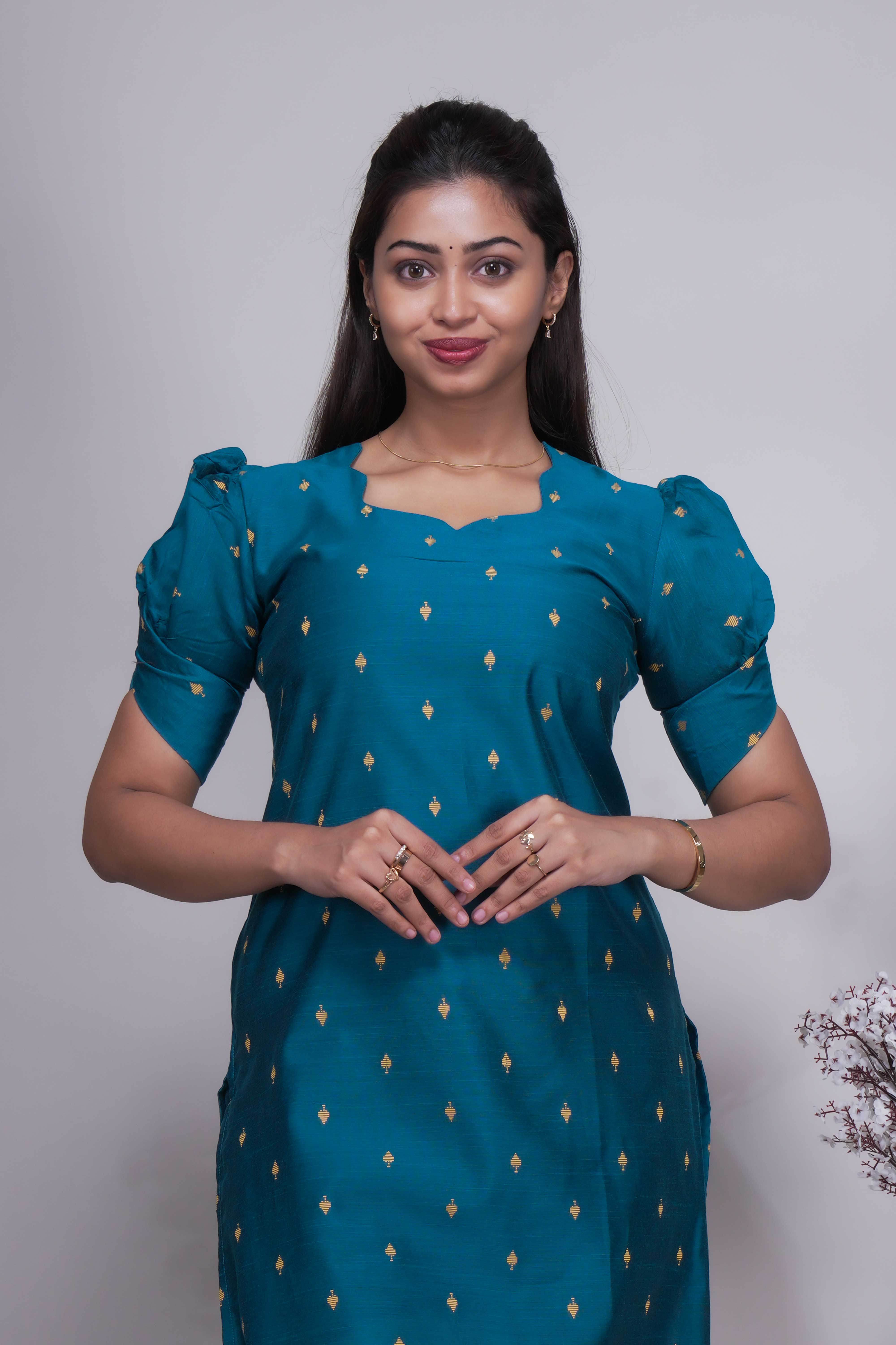 Teal Blue Gold Butta Straight cut salwar suit with Off-White Pants & Woven Tassel Dupatta Set