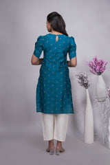 Teal Blue Gold Butta Straight cut salwar suit with Off-White Pants & Woven Tassel Dupatta Set