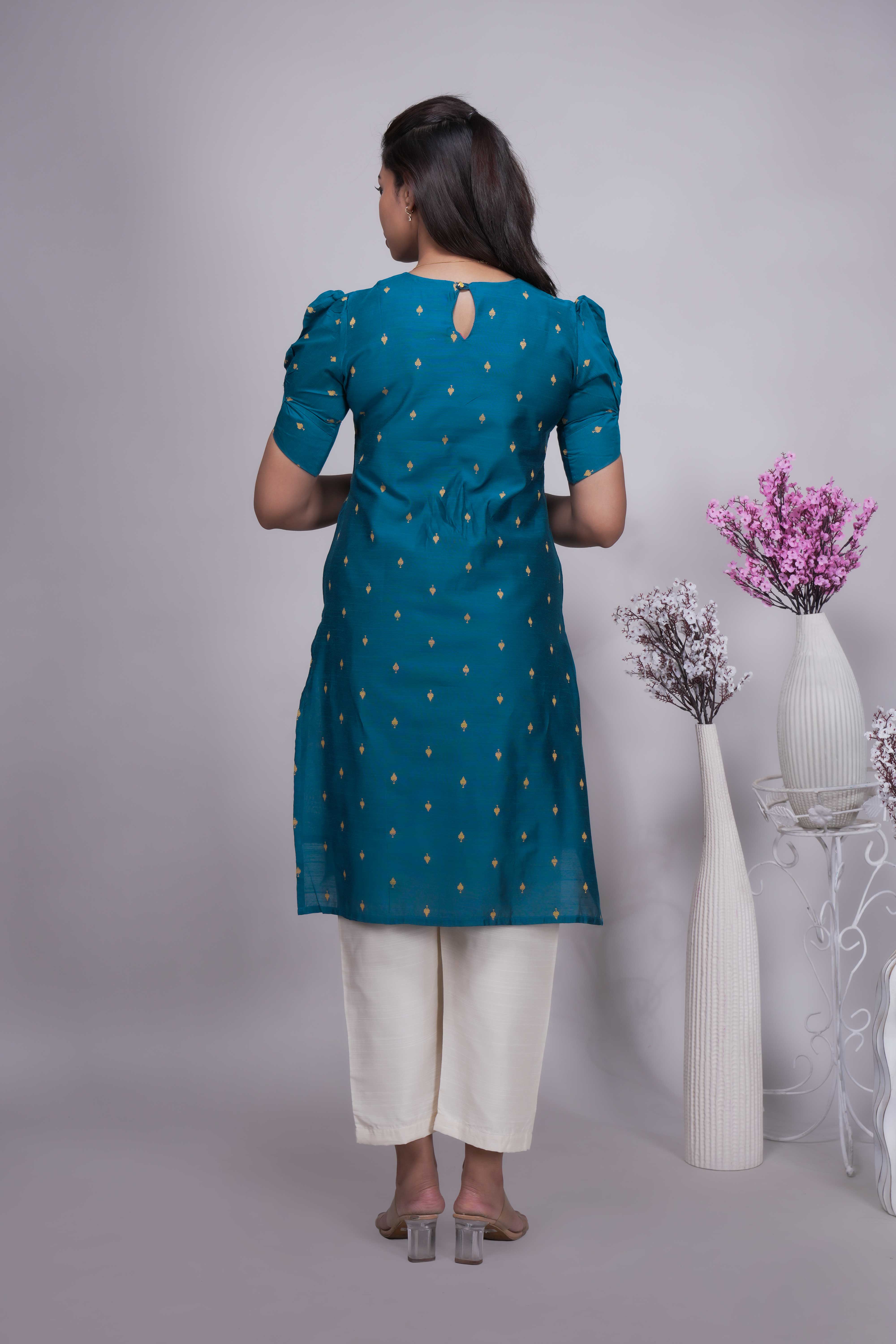 Teal Blue Gold Butta Straight cut salwar suit with Off-White Pants & Woven Tassel Dupatta Set