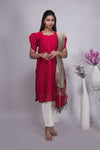 Red Butta Straight cut salwar suit with Off-White Pants & Woven Tassel Dupatta Set