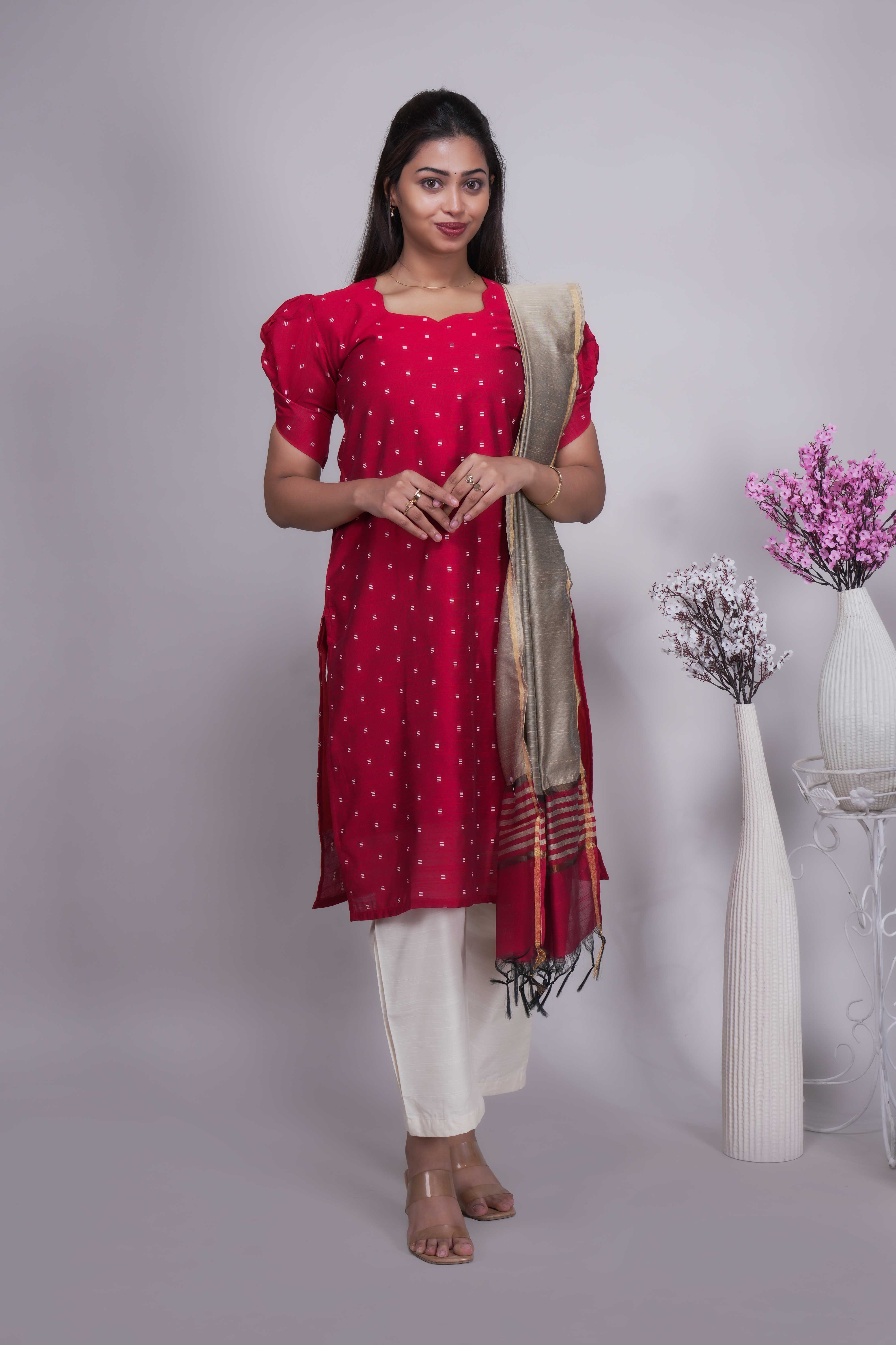 Red Butta Straight cut salwar suit with Off-White Pants & Woven Tassel Dupatta Set