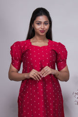 Red Butta Straight cut salwar suit with Off-White Pants & Woven Tassel Dupatta Set