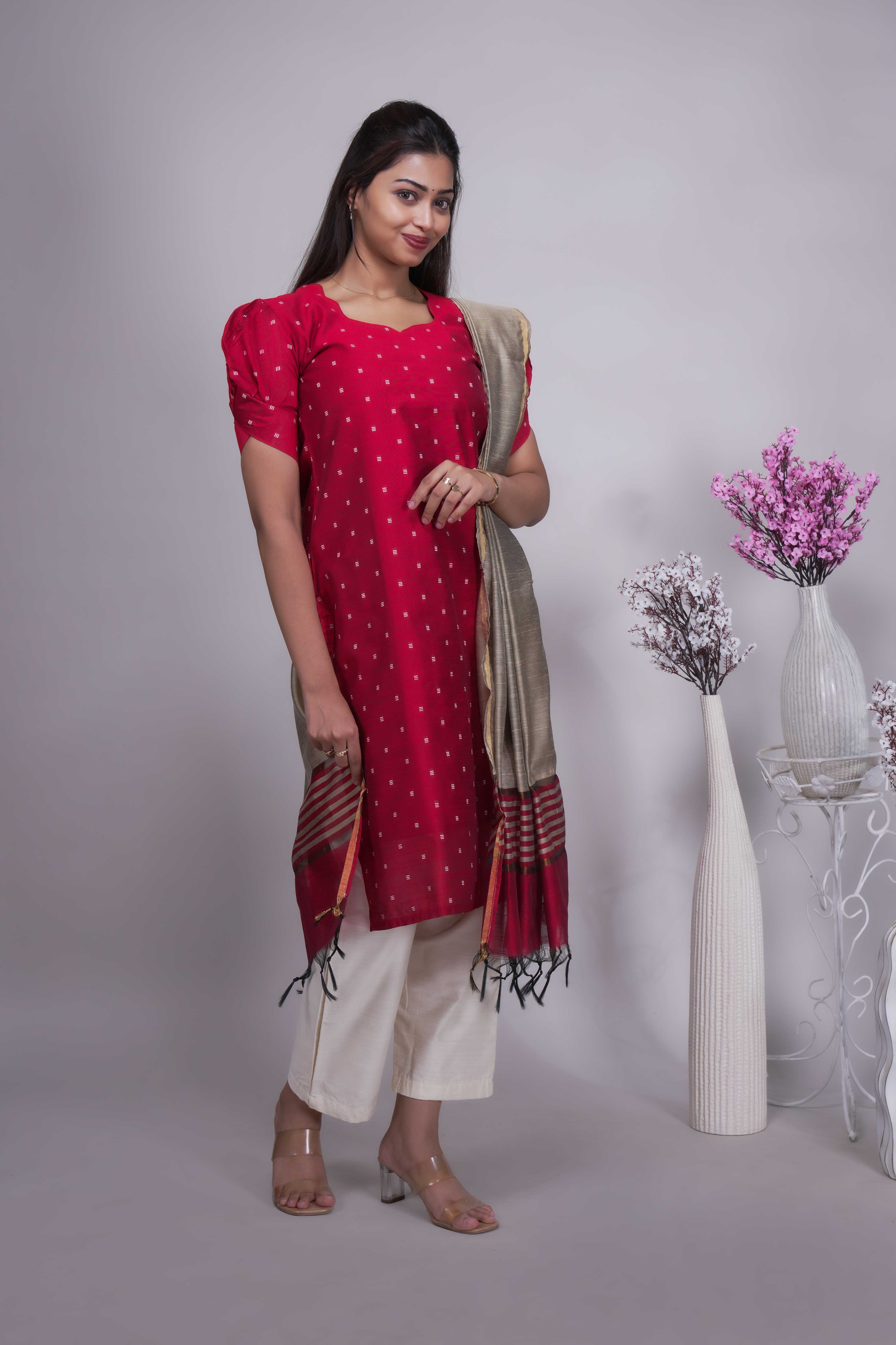 Red Butta Straight cut salwar suit with Off-White Pants & Woven Tassel Dupatta Set