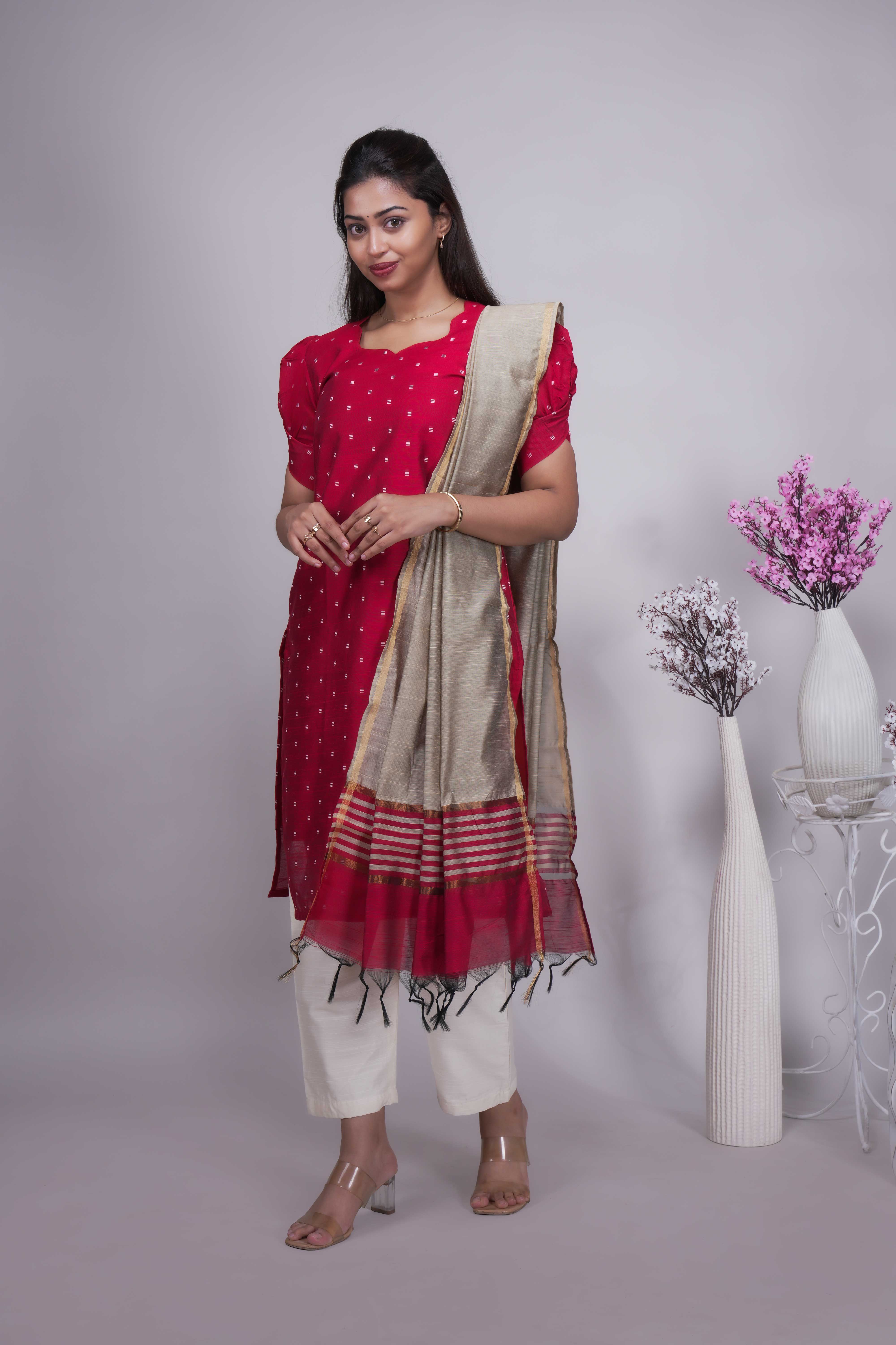 Red Butta Straight cut salwar suit with Off-White Pants & Woven Tassel Dupatta Set