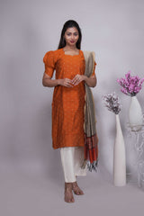 Orange Butta Straight cut salwar suit with Off-White Pants & Woven Tassel Dupatta Set