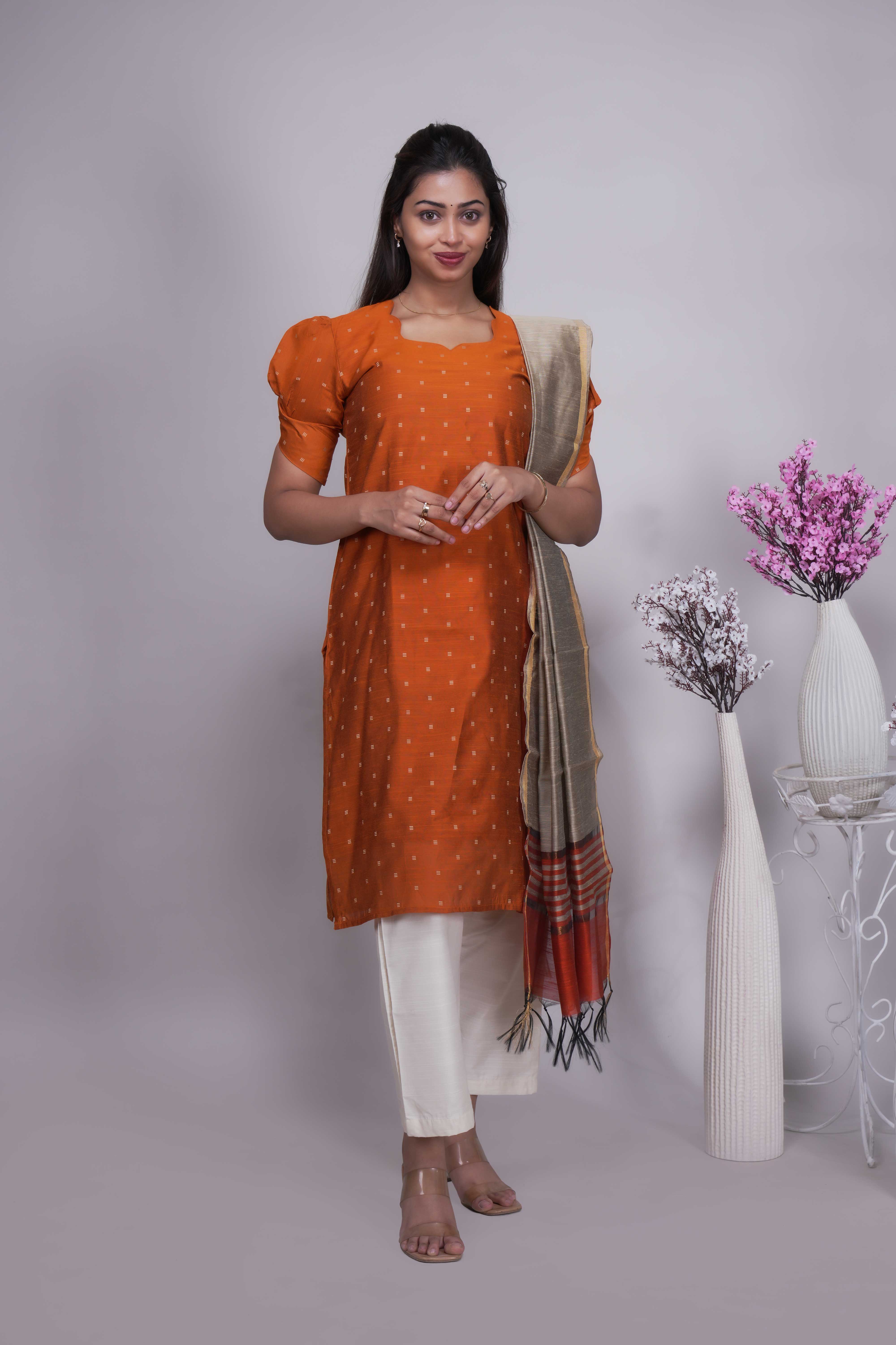 Orange Butta Straight cut salwar suit with Off-White Pants & Woven Tassel Dupatta Set