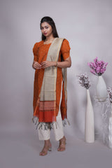 Orange Butta Straight cut salwar suit with Off-White Pants & Woven Tassel Dupatta Set