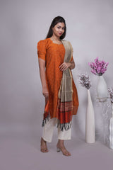 Orange Butta Straight cut salwar suit with Off-White Pants & Woven Tassel Dupatta Set