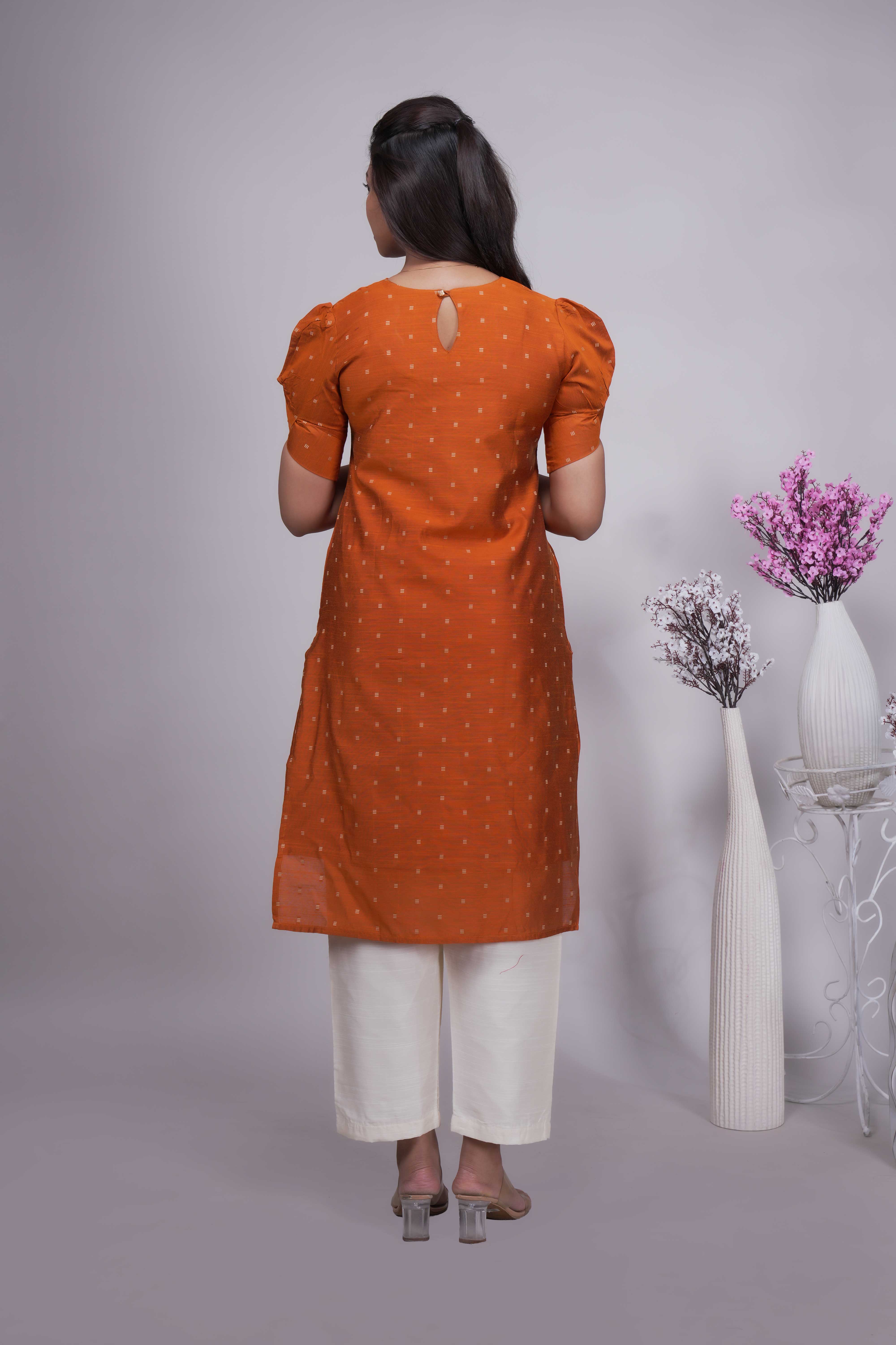 Orange Butta Straight cut salwar suit with Off-White Pants & Woven Tassel Dupatta Set