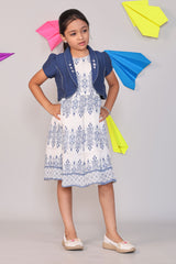 White floral design Sleeveless A-Line Cotton Frock with Detachable Navy Shrug