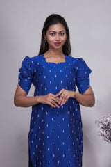 Royal Blue Butta Straight cut salwar suit with Off-White Pants & Woven Tassel Dupatta Set